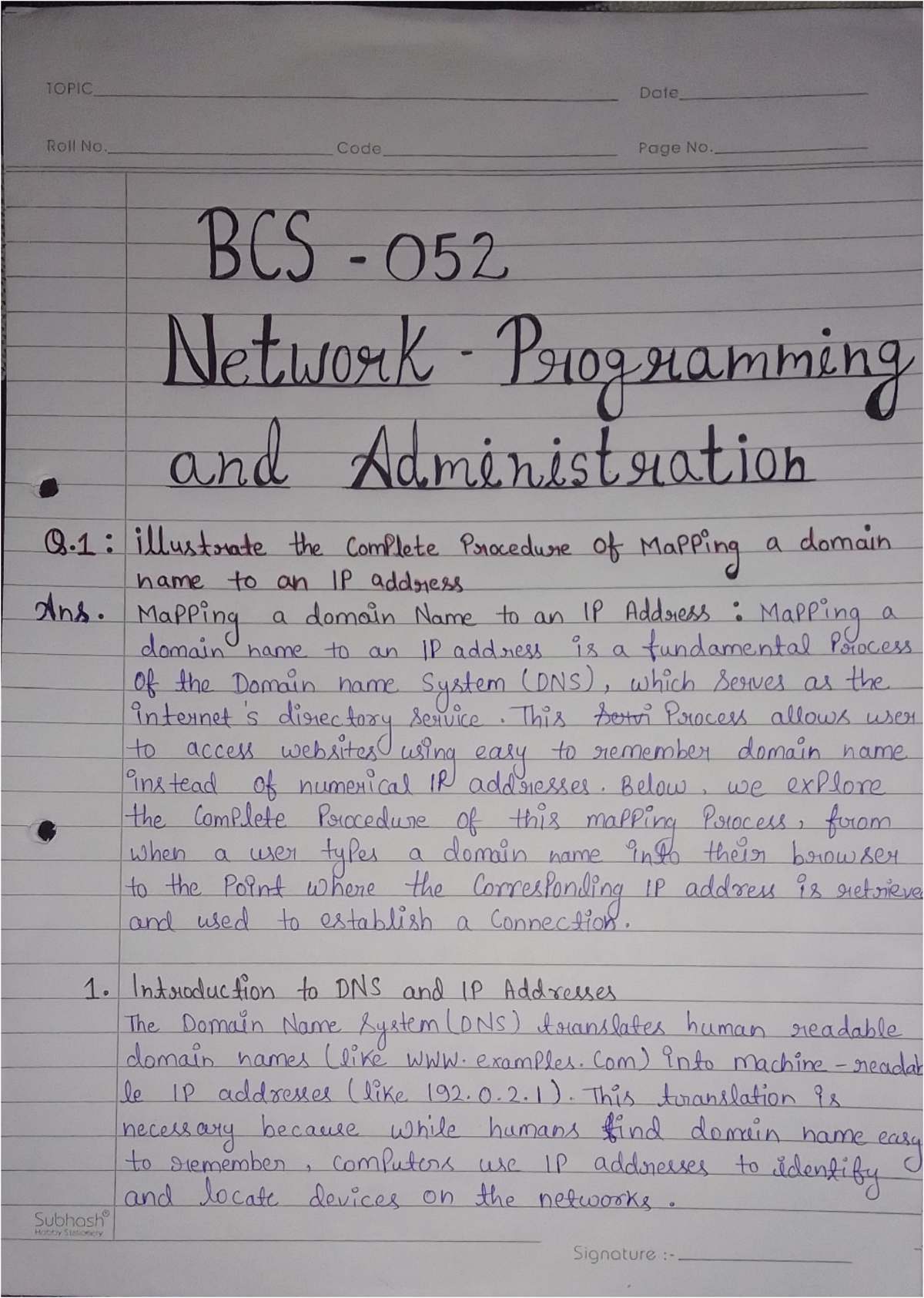 BCS - 052 network programming and administration - TOPIC Date Roll No ...