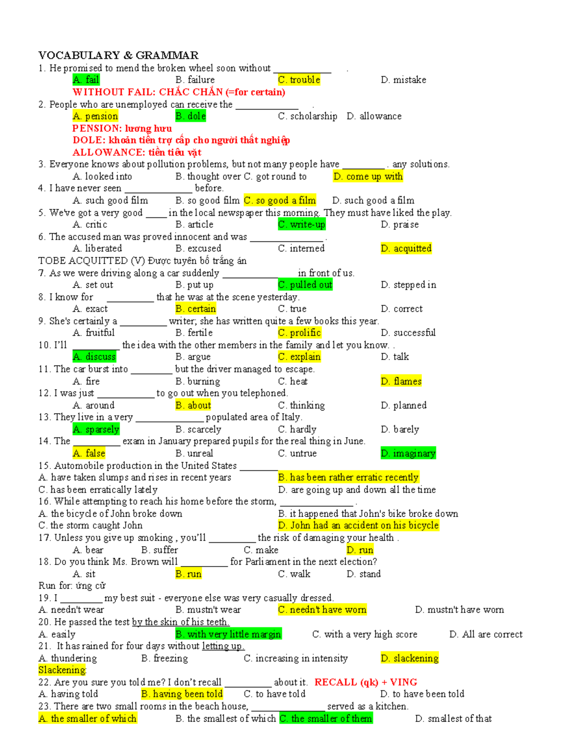 Unit 8 Practice Test: Vocabulary & Grammar Review (QT) - Studocu