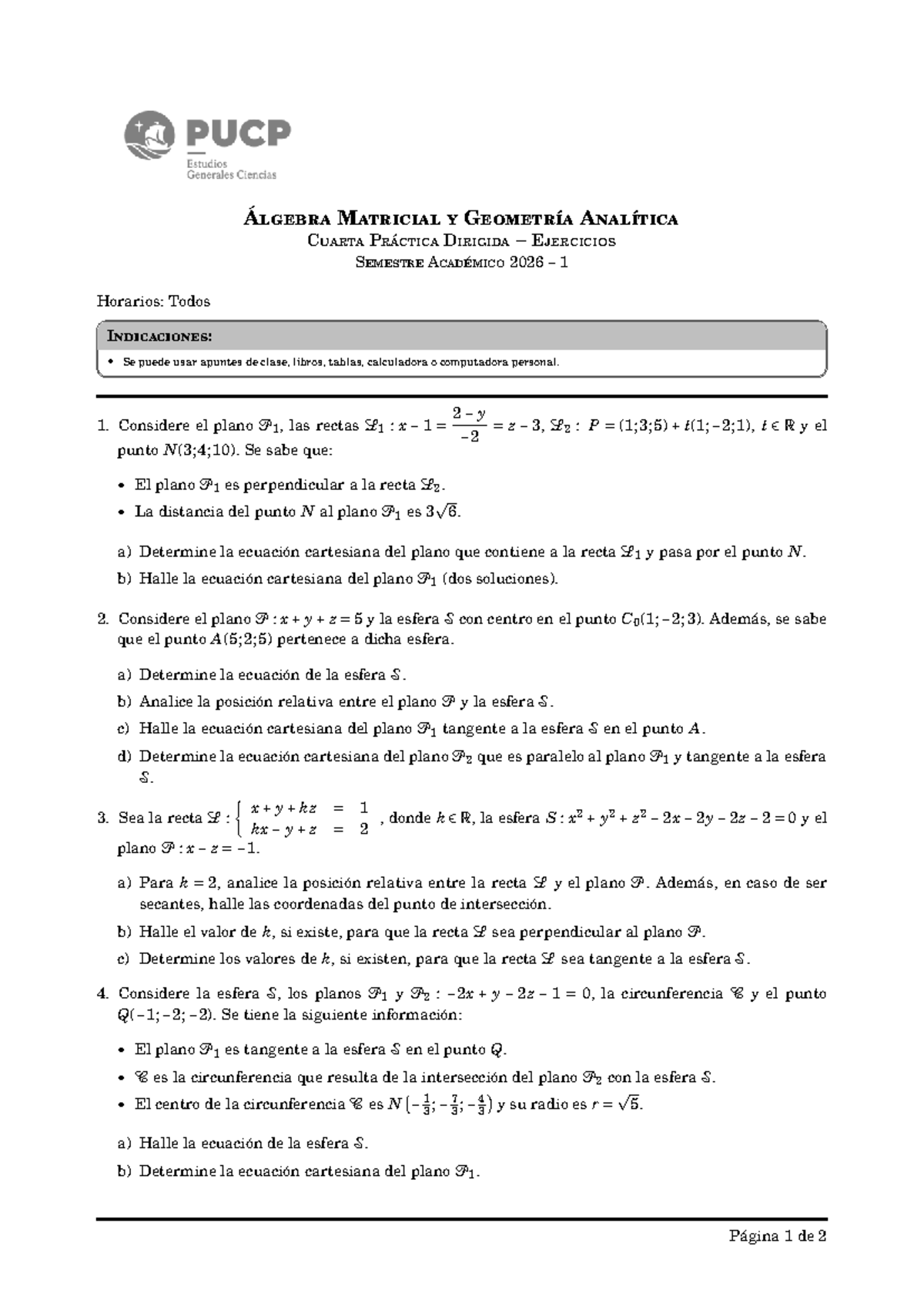 Álgebra Matricial y Geometría Analítica: Ejercicios Propuestos PD4-VF 2026-1 - Document Preview