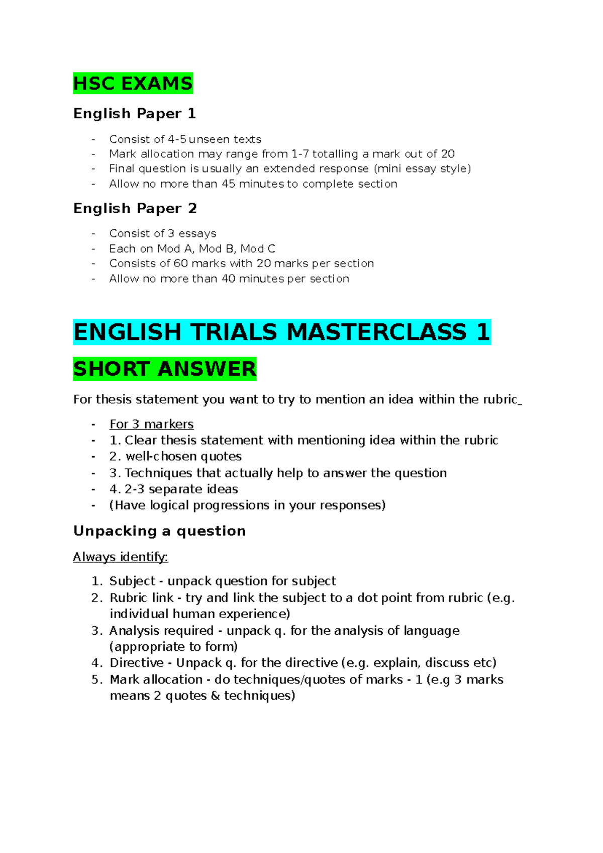HSC ENGLISH TRIALS MASTERCLASS: Comprehensive Study Guide - Studocu