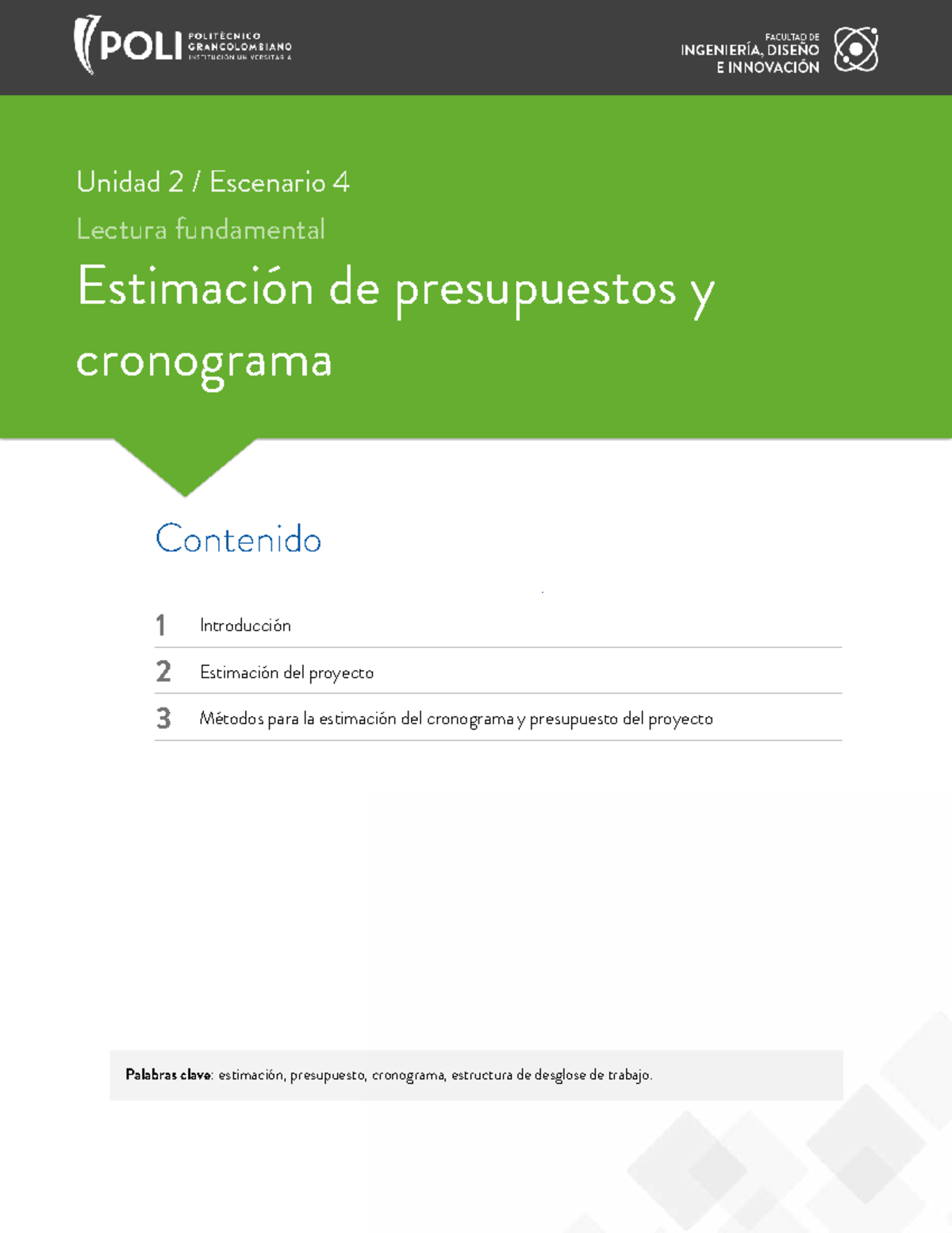 Unidad 2 Escenario 4: Estimación de Presupuestos y Cronograma - Studocu