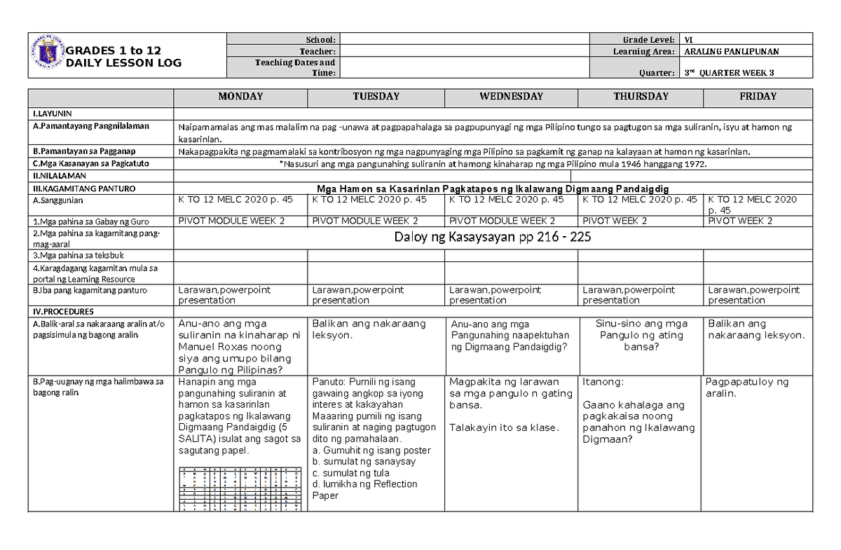 DLL Araling Panlipunan 6 Q3 W3 - GRADES 1 to 12 DAILY LESSON LOG School ...