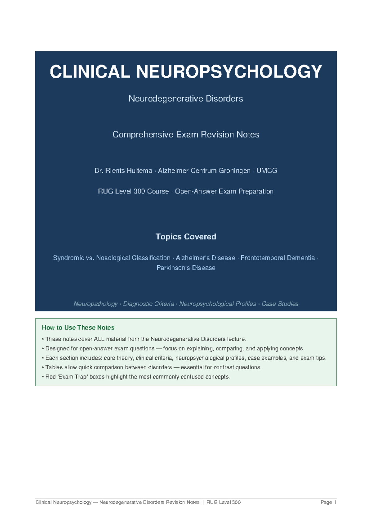 CLINICAL NEUROPSYCHOLOGY RUG Level 300 Neurodegenerative Disorders Exam ...