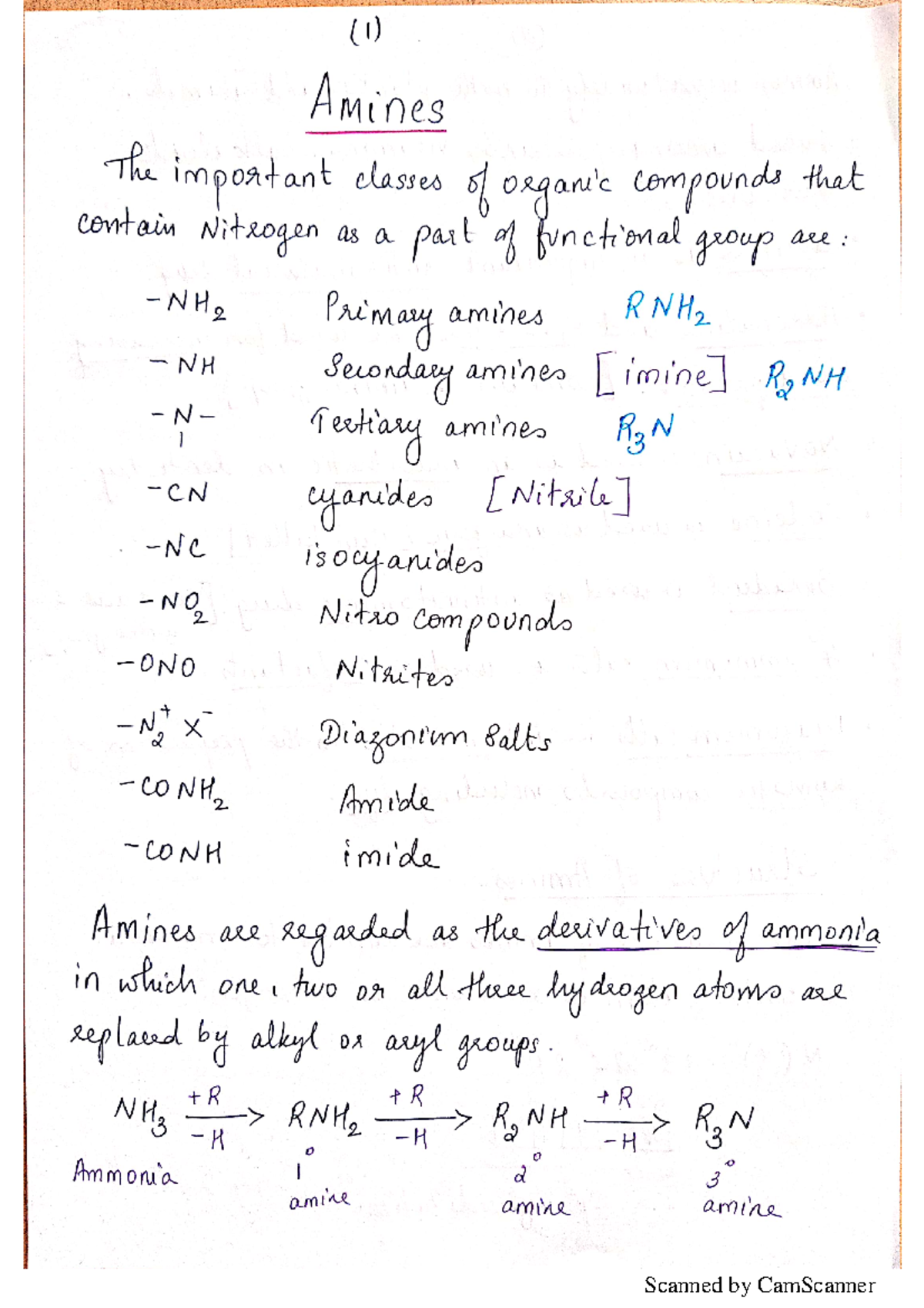Amines complete notes - IHIHHHIHI - (1) Amines The important classes of ...