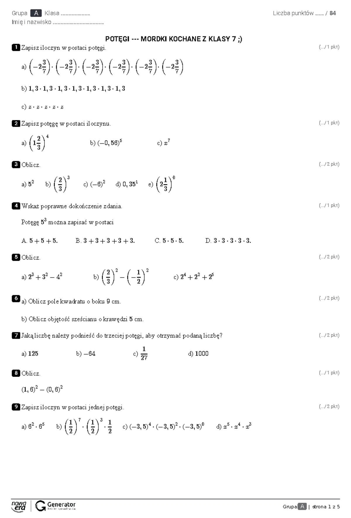 Potęgi Klasa 7 Sprawdzian Profesor www.studocu.com