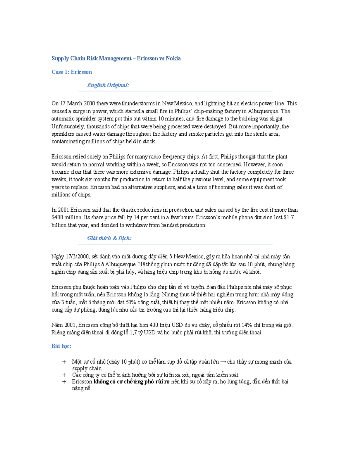 Case Study on Supply Chain Risk Management: Ericsson vs Nokia Analysis ...