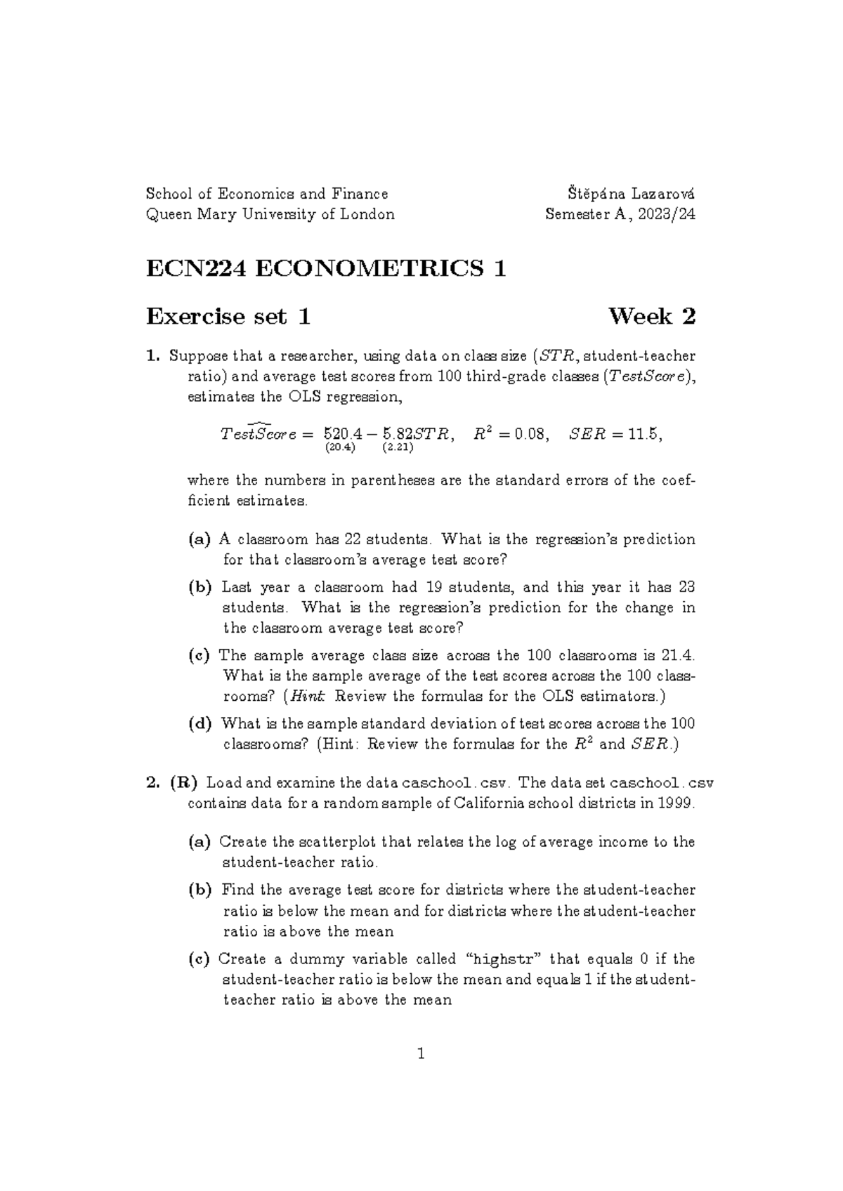 ECN224 Final Exam - Problem Set 1 Summary and Analysis - Studocu