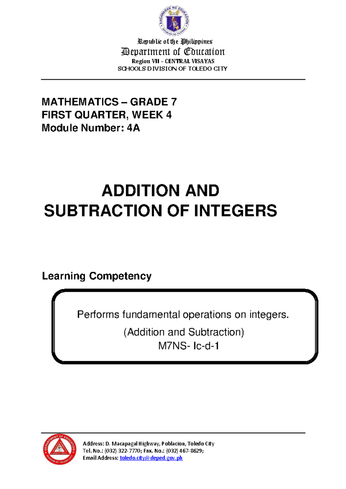 Math 7 Q1 W4 M4: Addition and Subtraction of Integers Module - Studocu