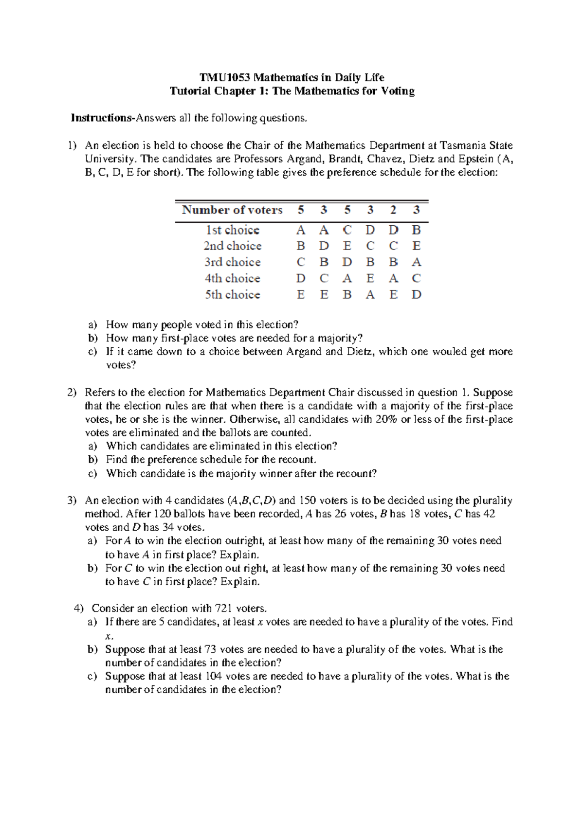 Mathematics of Voting - Tuto - TMU1 053 Mathematics in Daily Life ...
