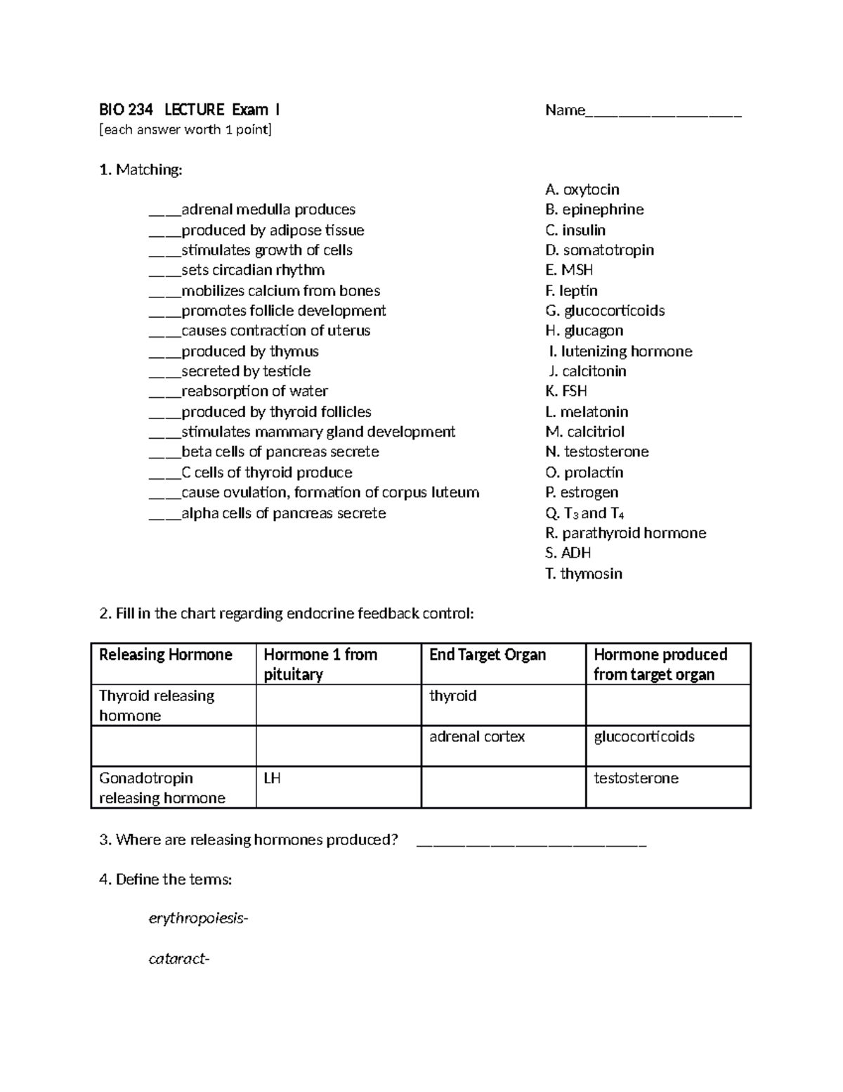 BIO 234 Lecture Exam I Study Guide and Practice Questions - Studocu