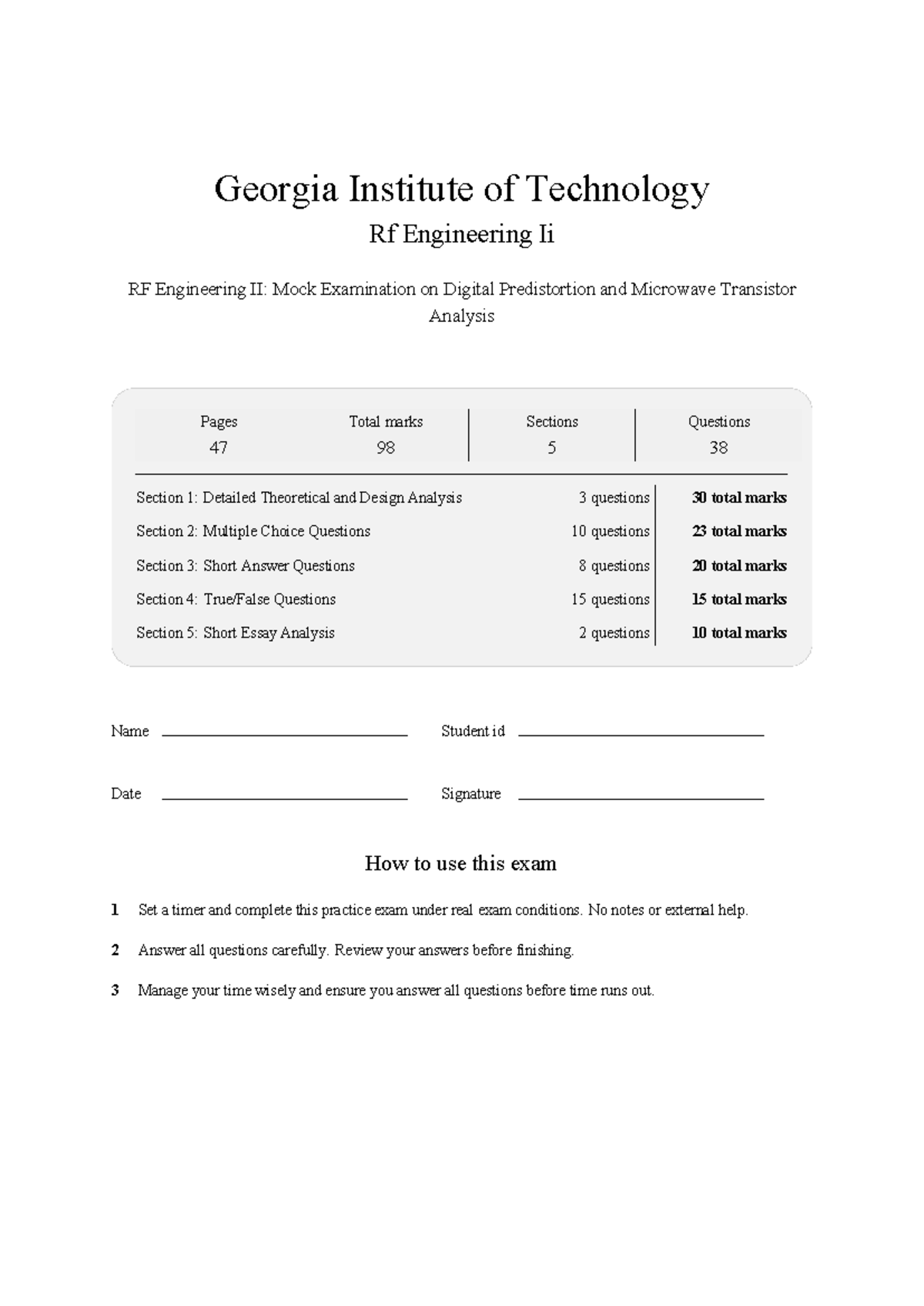 ECE 4418 RF Engineering II: Practice Test on Digital Predistortion ...