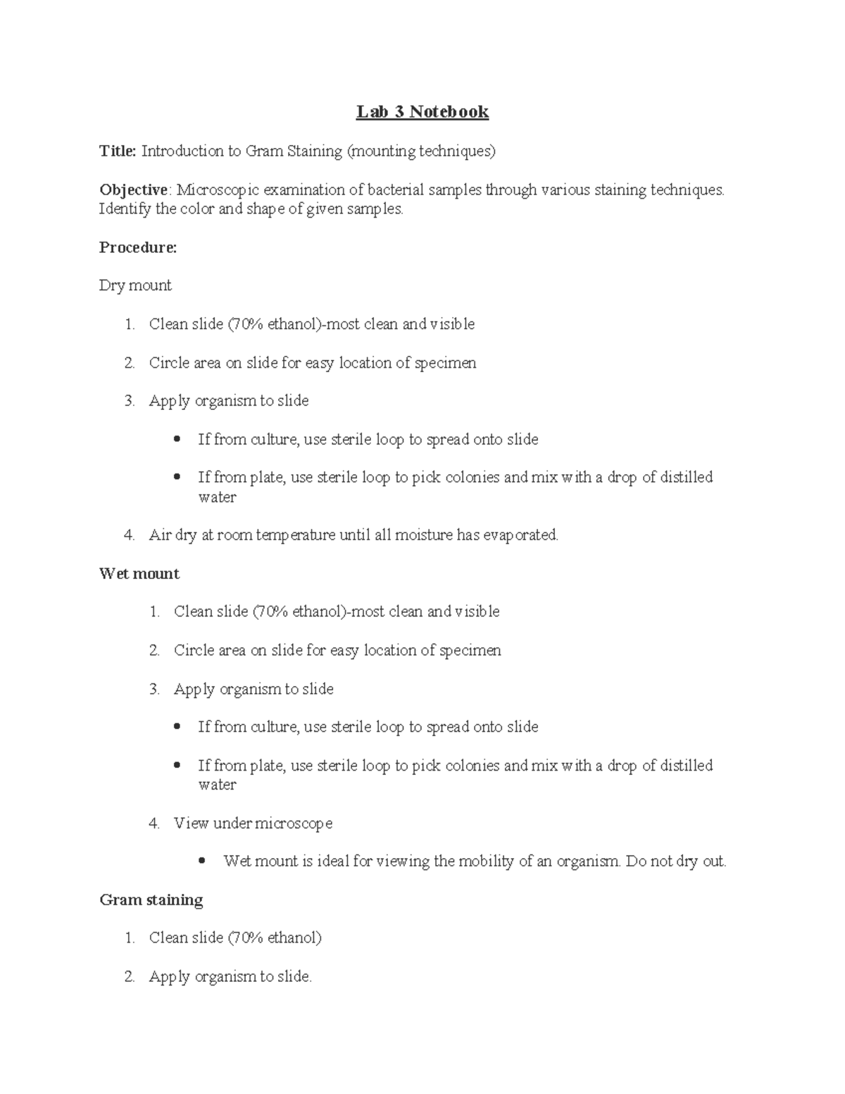 Lab 3: Gram Staining Techniques and Results Analysis - Studocu