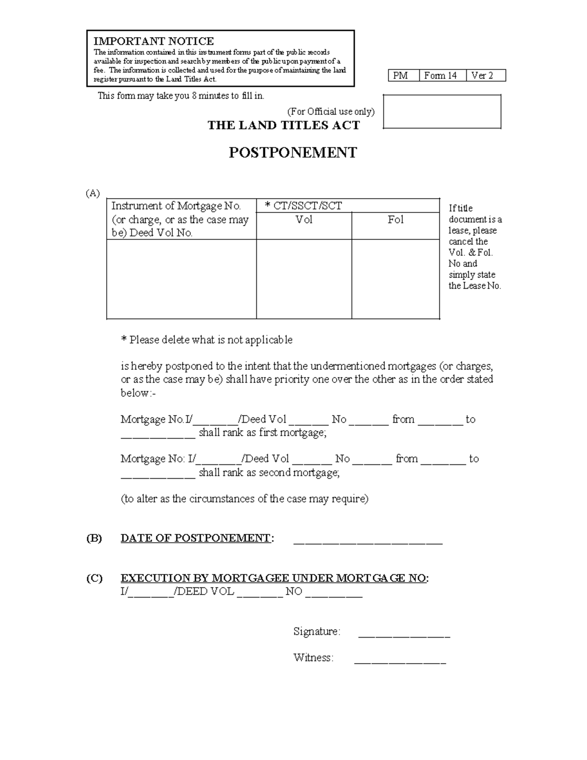 Land Titles Act Postponement Form 14 - Important Notice - Studocu