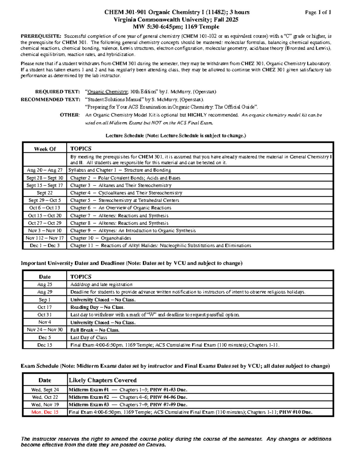 CHEM 301 Organic Chemistry I Schedule & Important Dates Fall 2025 - Studocu