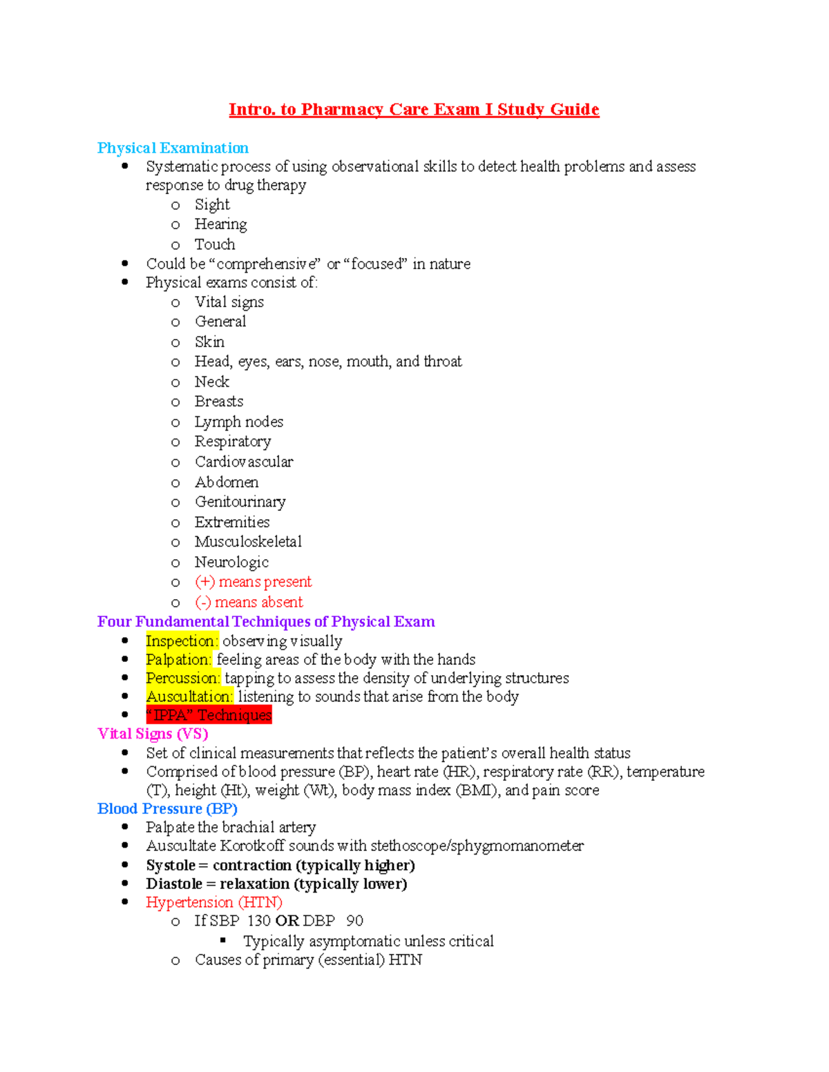 Intro to Pharm Care Exam I Study Guide: Key Concepts and Techniques ...