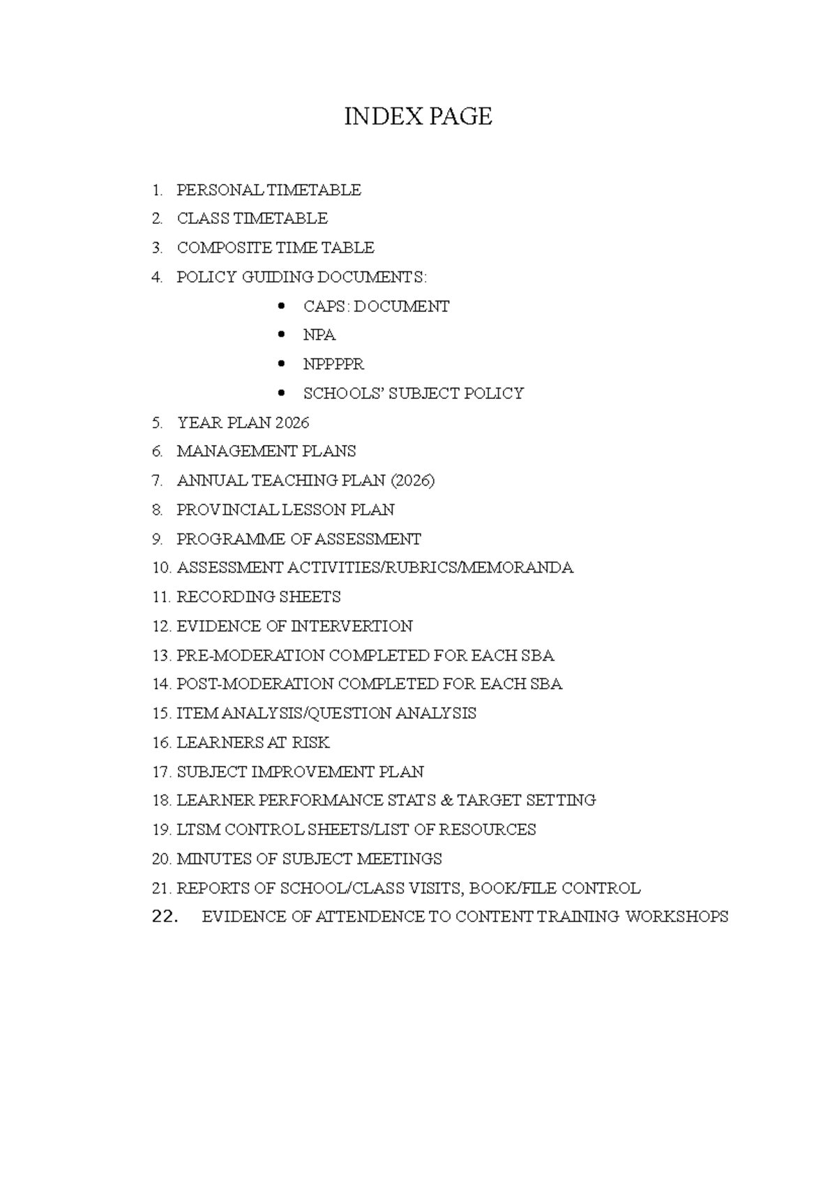 Educators' File Index: Timetables, Plans & Assessments 2026 - Studocu