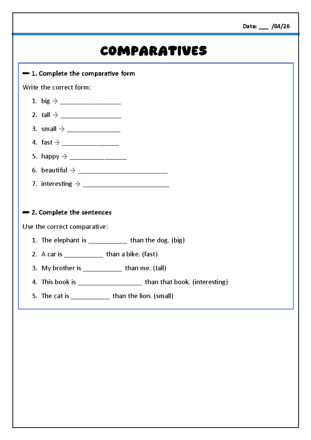 Activity: Comparative Forms Practice - Studocu