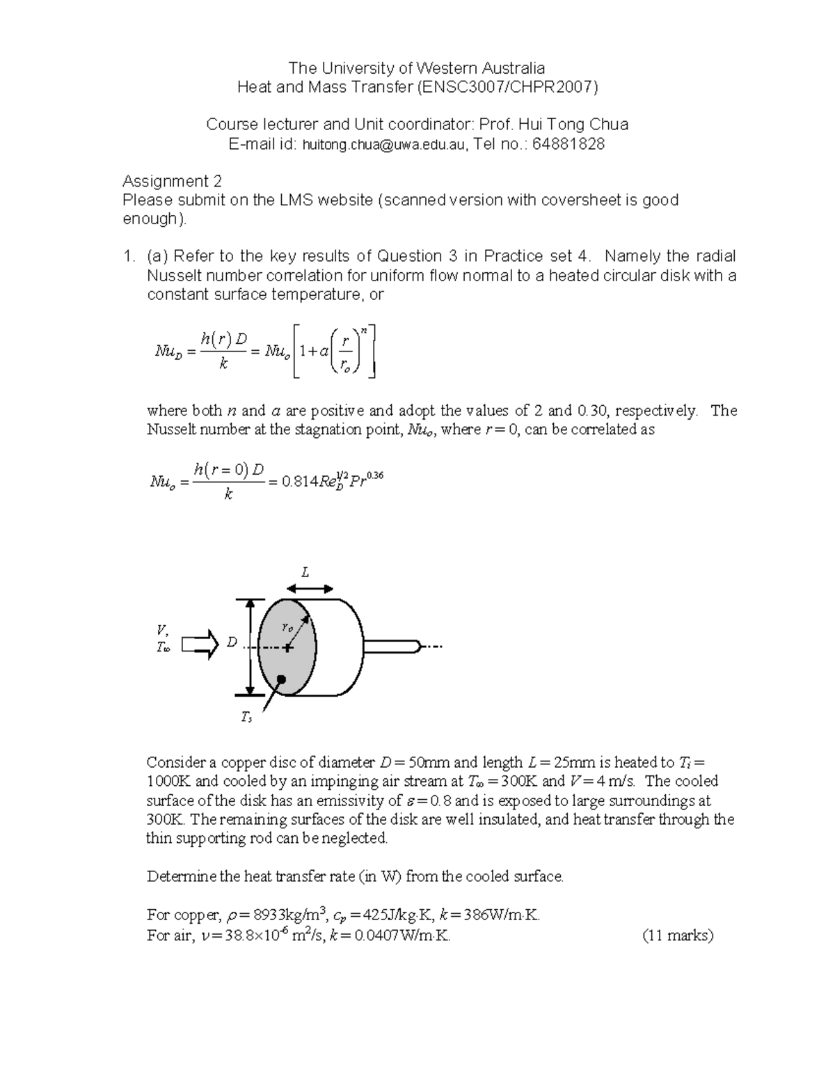 ENSC3007/CHPR2007 Assignment 2: Heat and Mass Transfer Analysis - Studocu