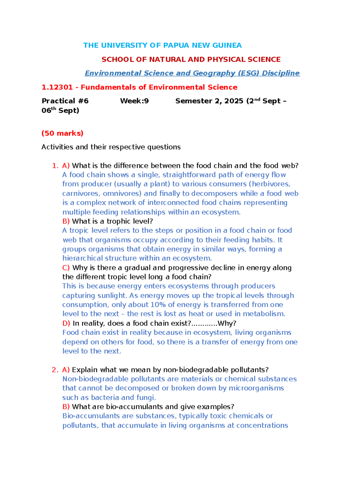 FES 1.12301 Practical: Fundamentals of Environmental Science - Studocu