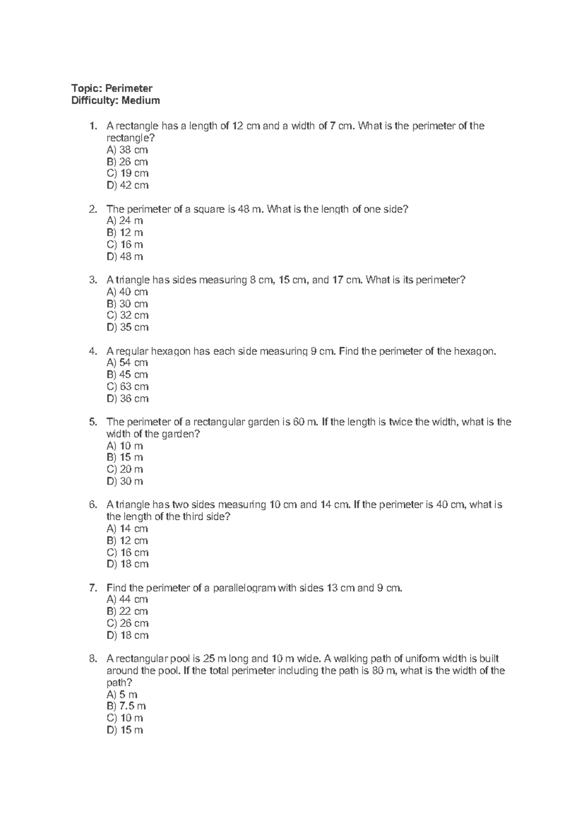 Perimeter Practice Questions - Difficulty: Medium - Studocu