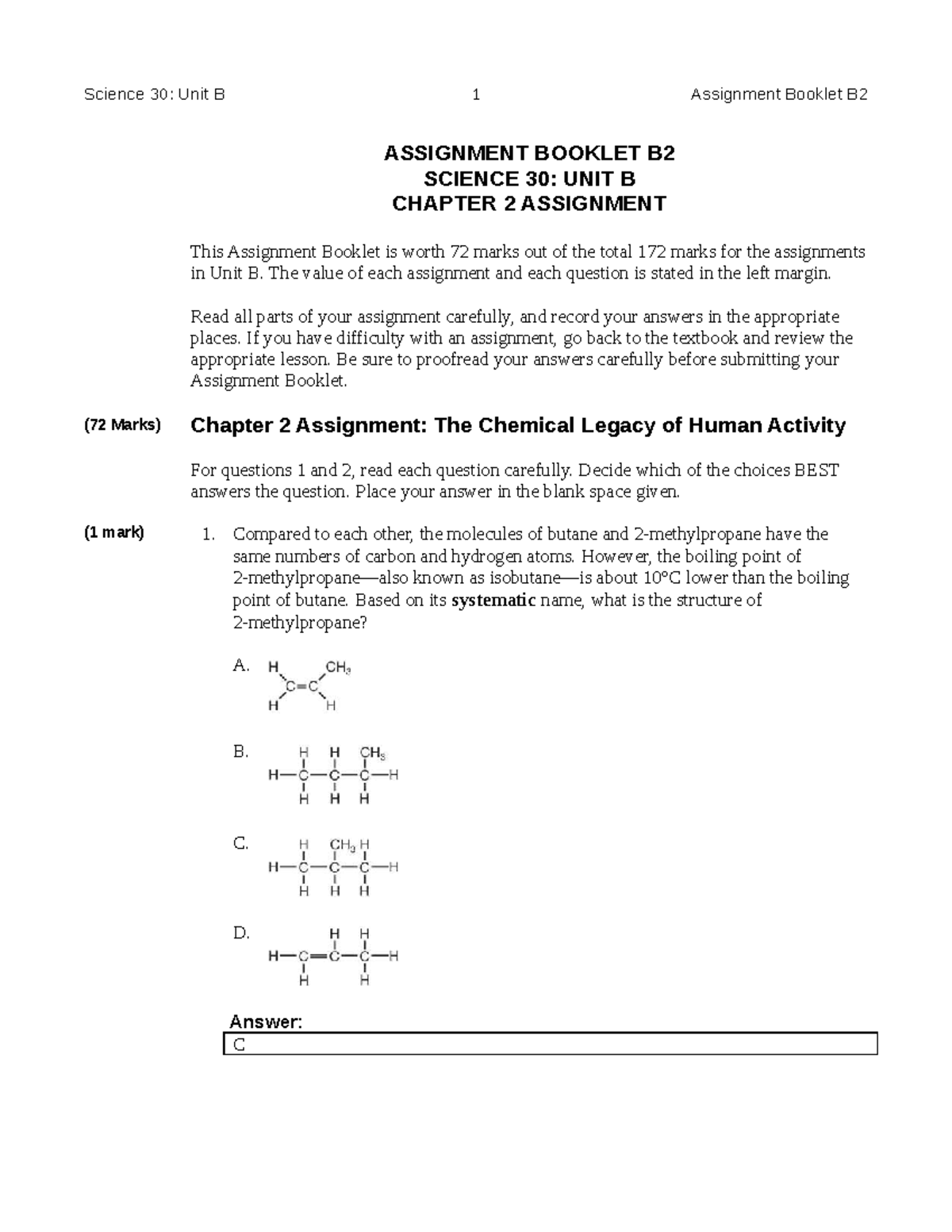Science 30: Unit B Chapter 2 Assignment Booklet B2 (72 Marks) - Studocu