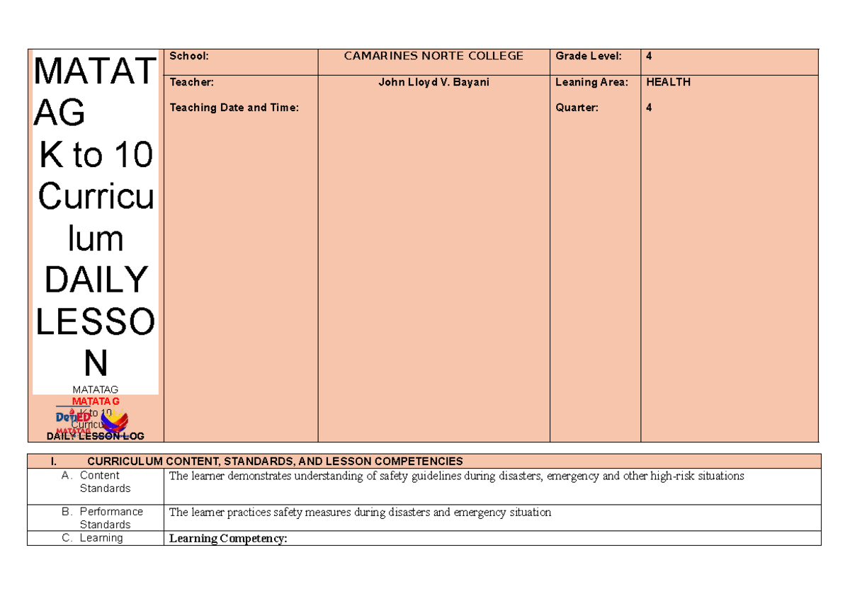 MATATAG K to 10 Health Education Daily Lesson Plan - Grade 4 - Studocu