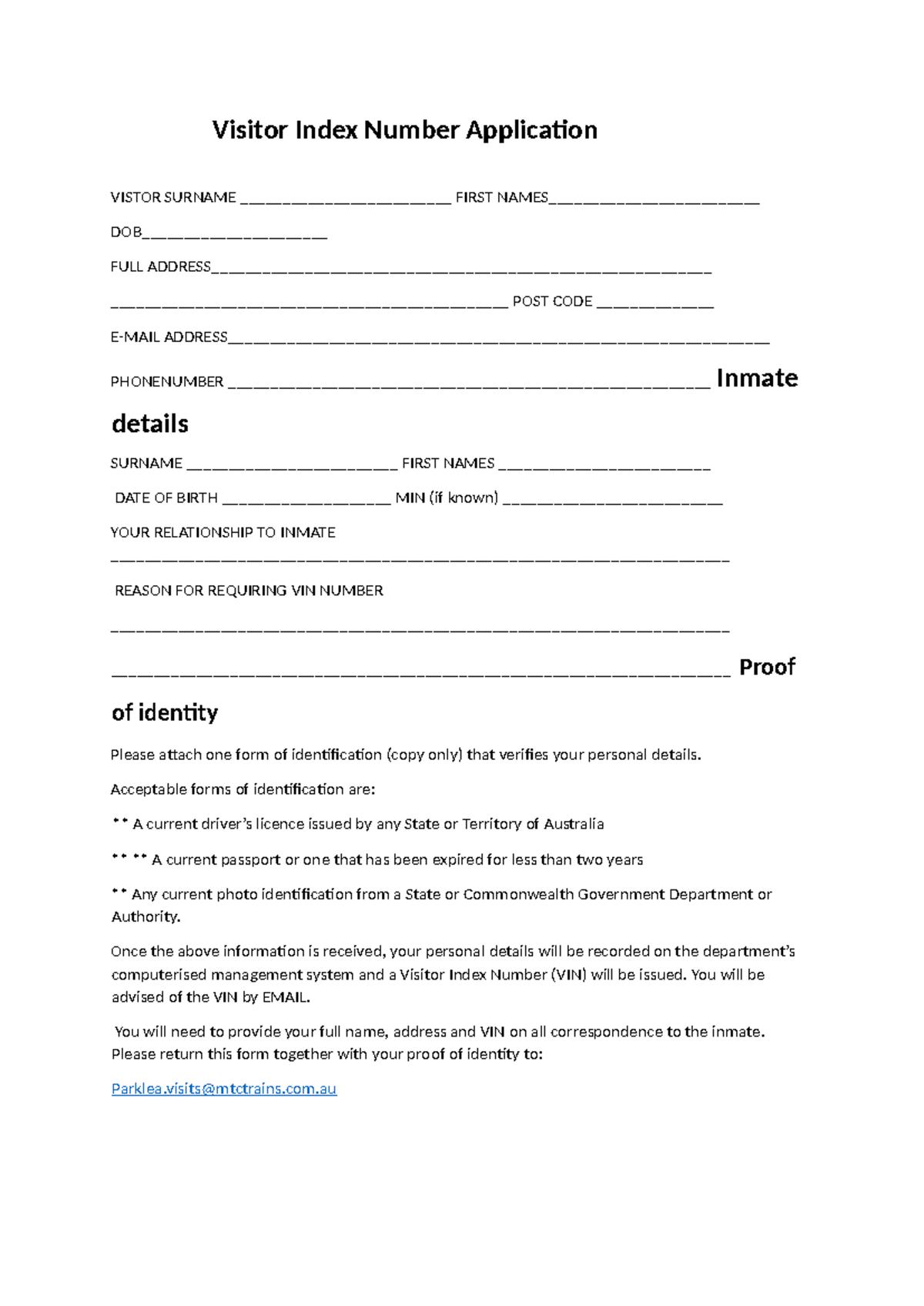 Updated VIN Application Form for Parklea Correctional Centre - Studocu