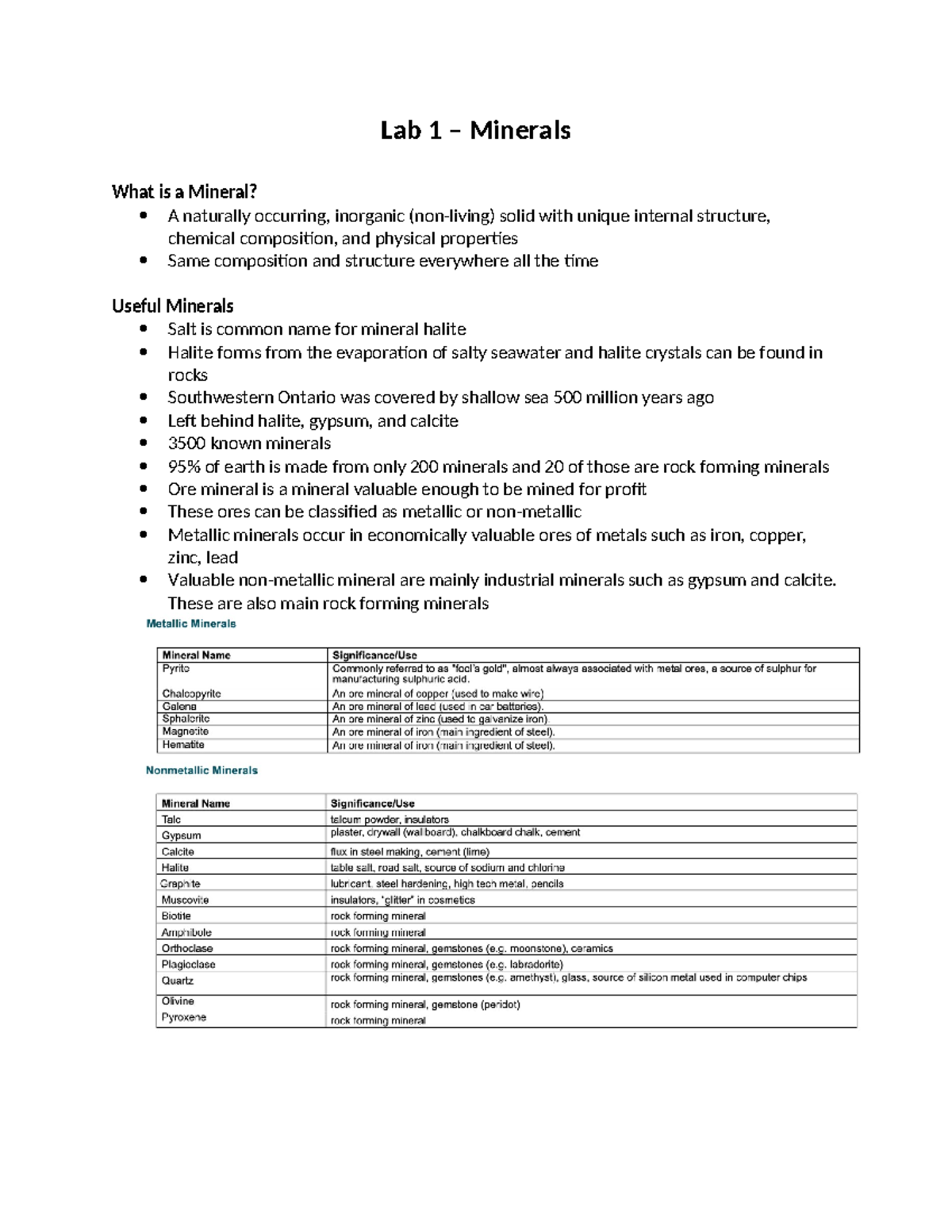 Lab 1 - lab 1 - Lab 1 – Minerals What is a Mineral? A naturally ...