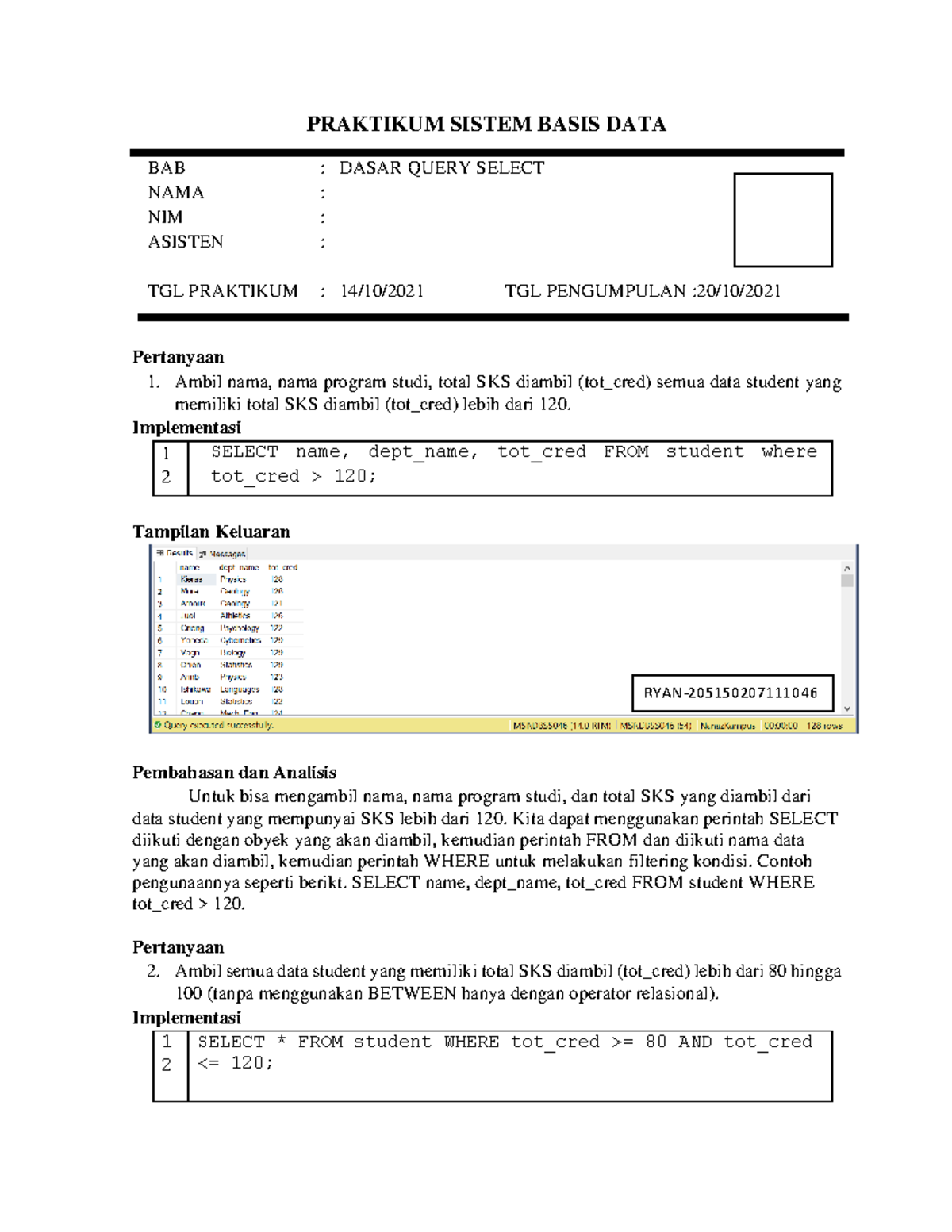 Basis Data - Praktikum Dasar Query Select dan Analisis SQL - Studocu