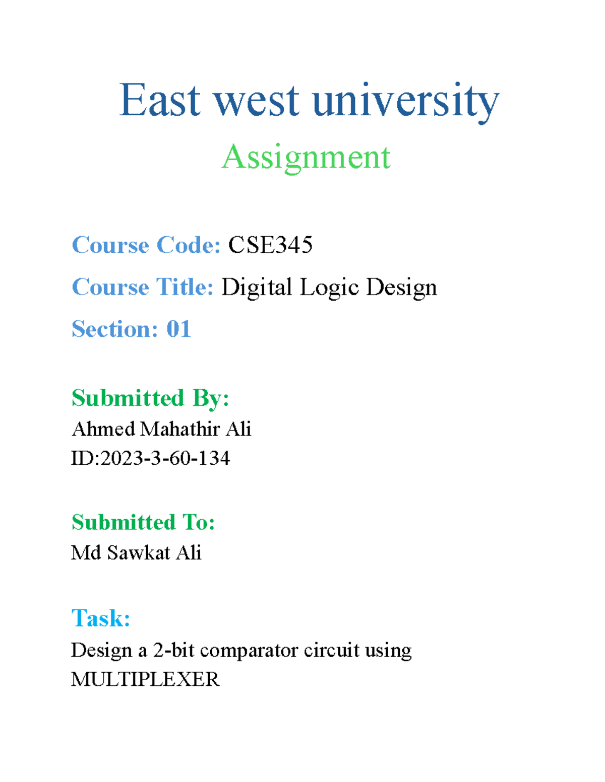 CSE345 Assignment: Comparator Circuit Design Using MUX - Studocu
