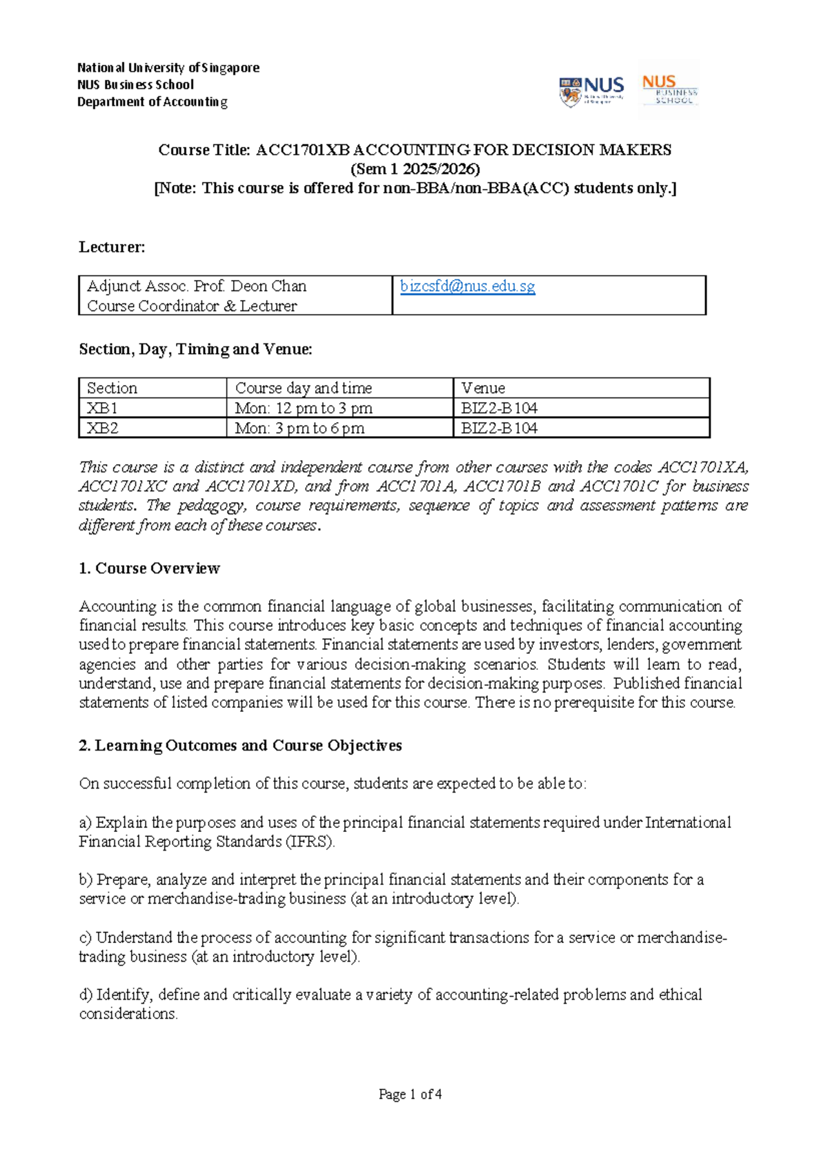 ACC1701XB Course Outline: Accounting for Decision Makers - Studocu