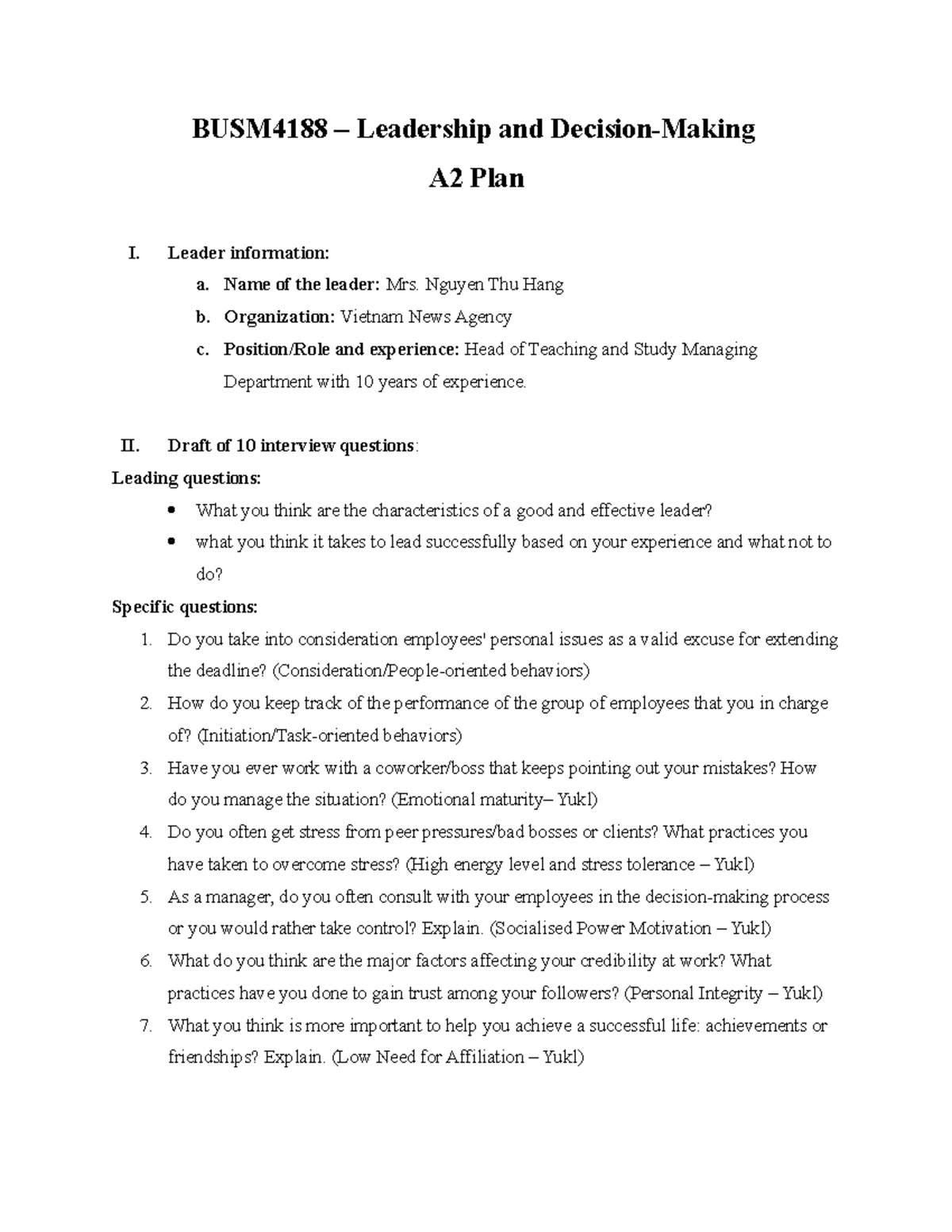 BUSM4188 – Leadership and Decision-Making A2 Interview Plan - Studocu