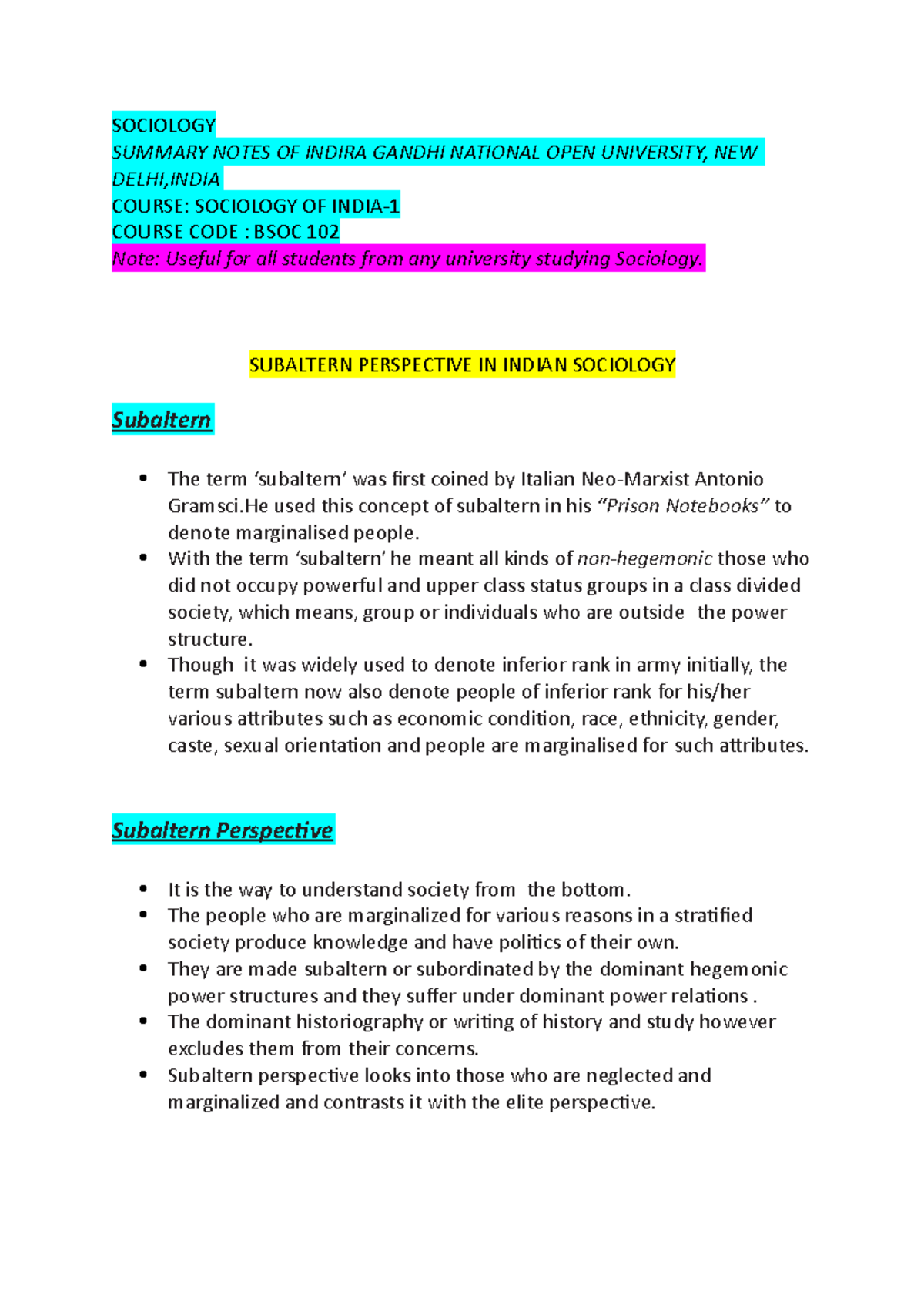 Subaltern Perspectives and Ambedkar's Contributions in BSOC 102 - Studocu