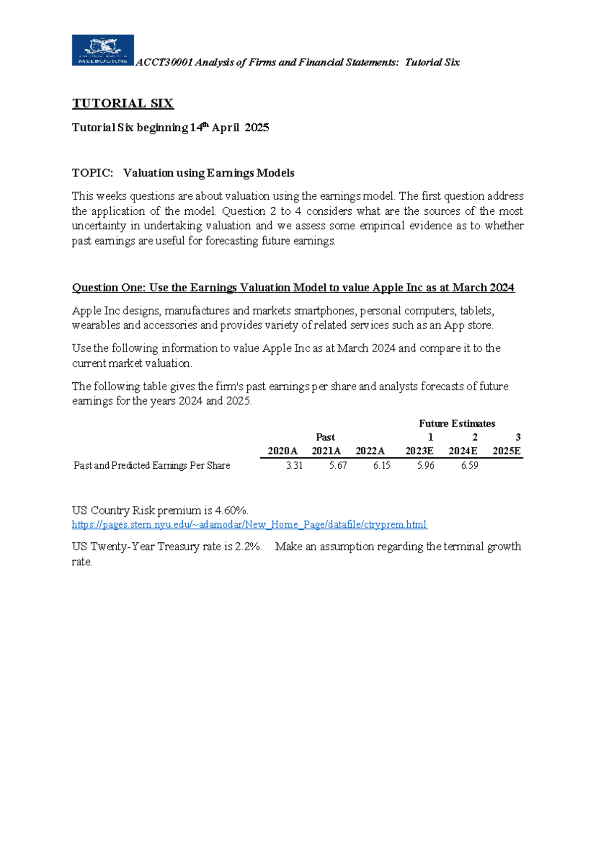 Valuation Using Earnings Models: Analysis of Firms - Tutorial 6 - Studocu
