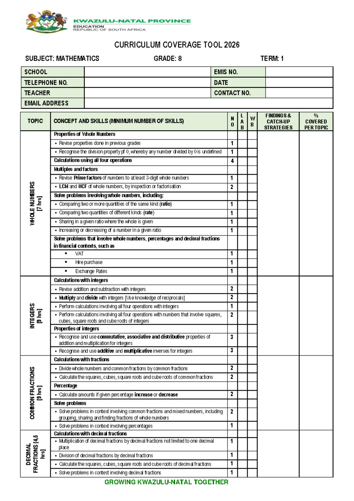 Grade 8 Mathematics Curriculum Coverage Tool 2026: Term 1 to 4 - Studocu