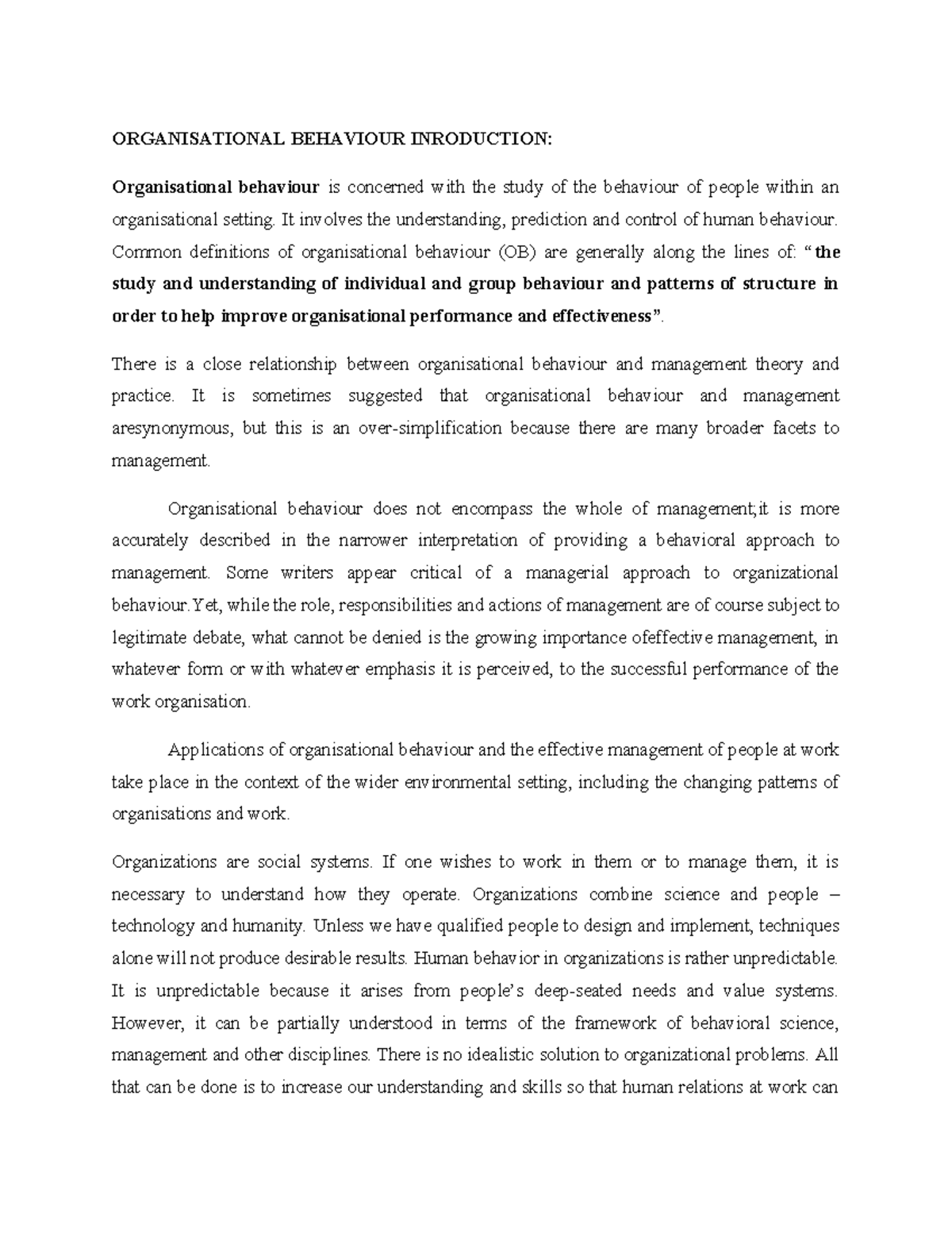 UNIT I OB - ob unit 1 notes - ORGANISATIONAL BEHAVIOUR INRODUCTION ...