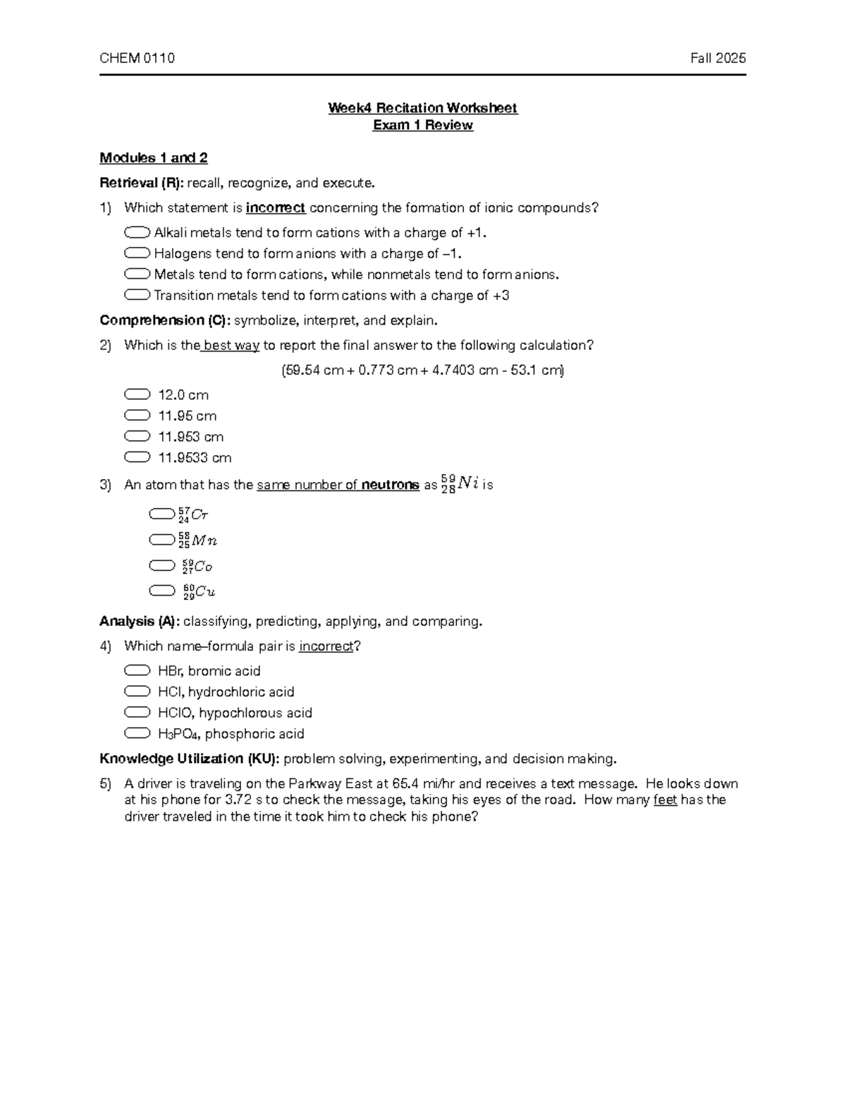CHEM 0110 Fall 2025 Exam 1 Review - Week 4 Recitation Guide - Studocu