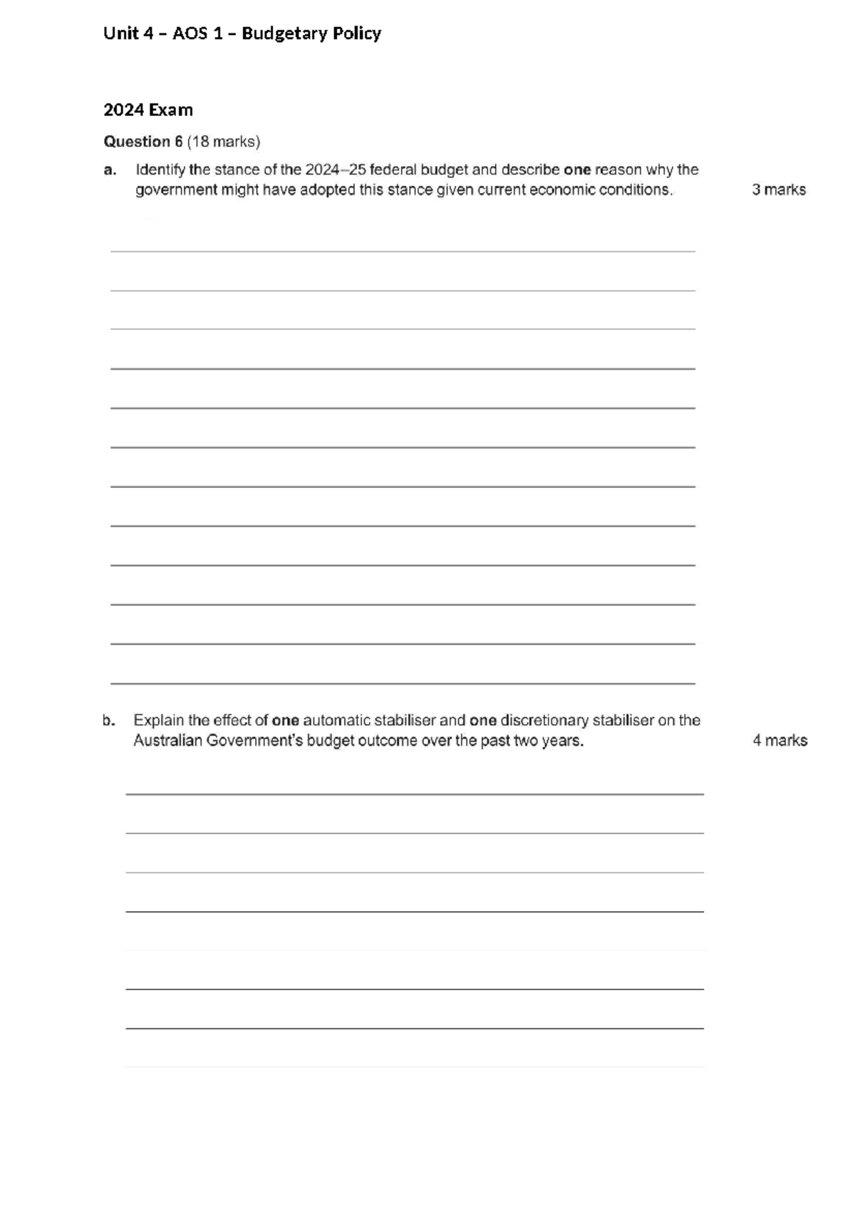 Unit 4 AOS 1 Budgetary Policy 2024 Exam Short Answer Analysis - Studocu