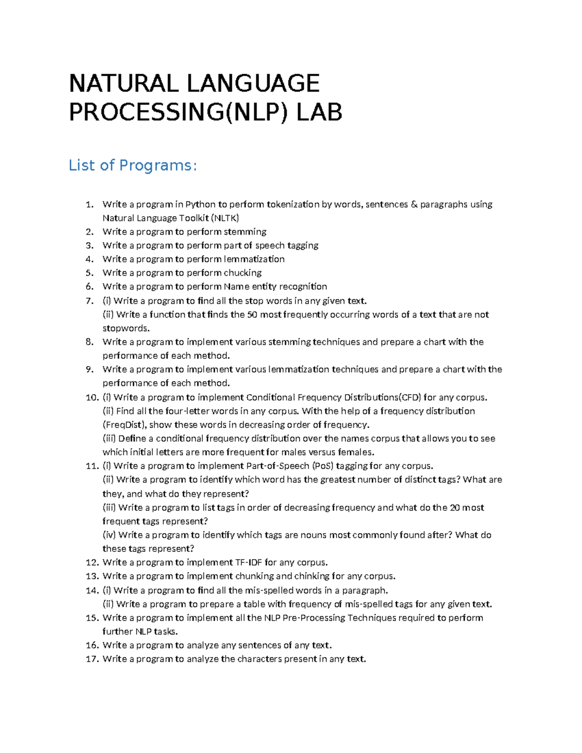 NLP programs list - Nlp program list - NATURAL LANGUAGE PROCESSING(NLP ...