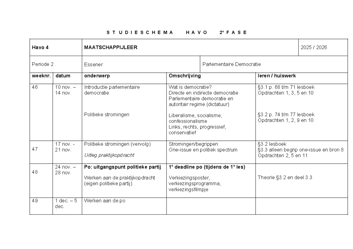 H4 MAATSCHAPPIJLEER: Studieschema Parlementaire Democratie 2025-2026 ...