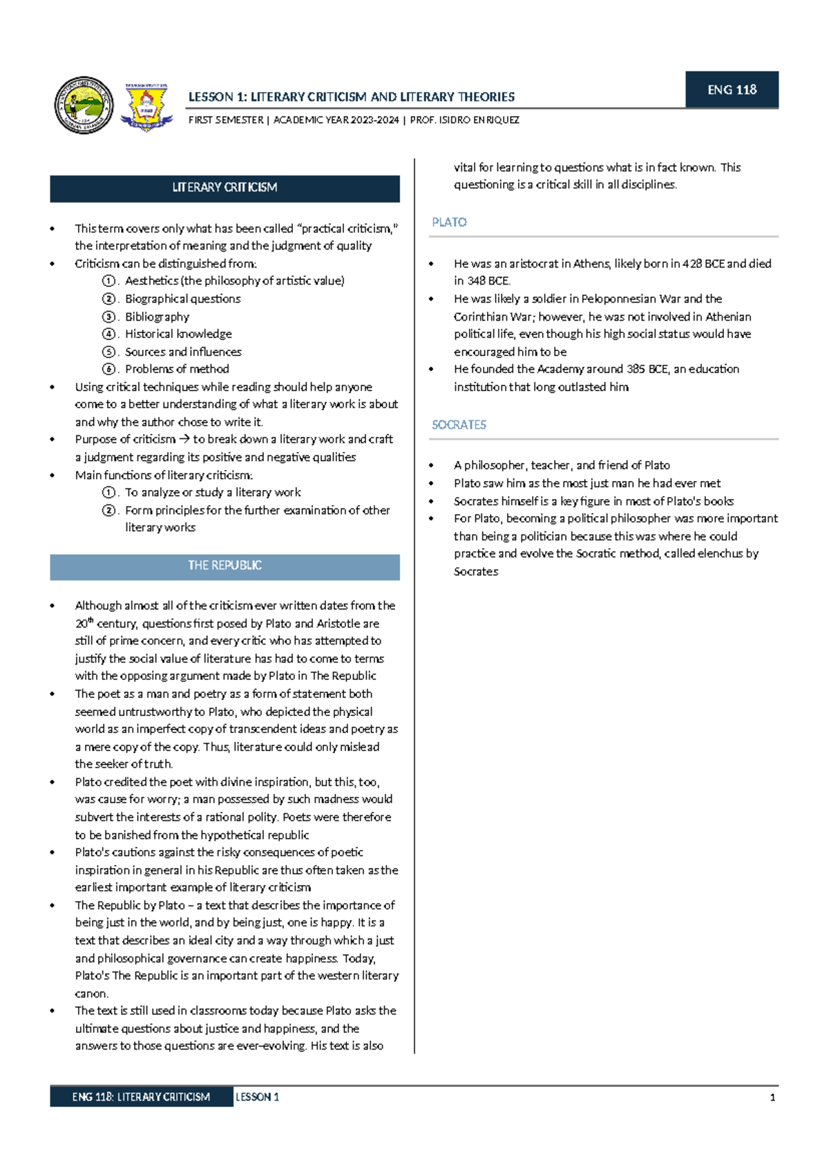 ENG 118: Lesson 1 - Lecture Notes on Literary Criticism & Theories ...