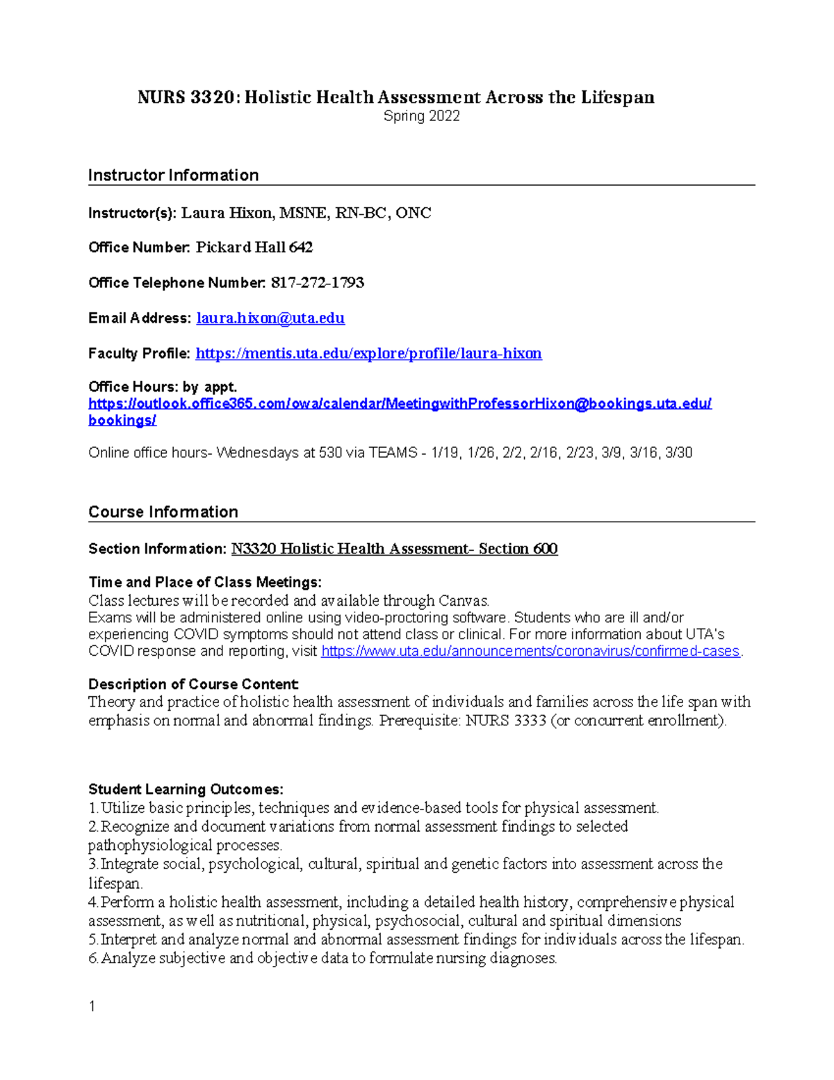Holistic Health Assessment in NURS-3320-600: Spring 2022 Overview - Studocu