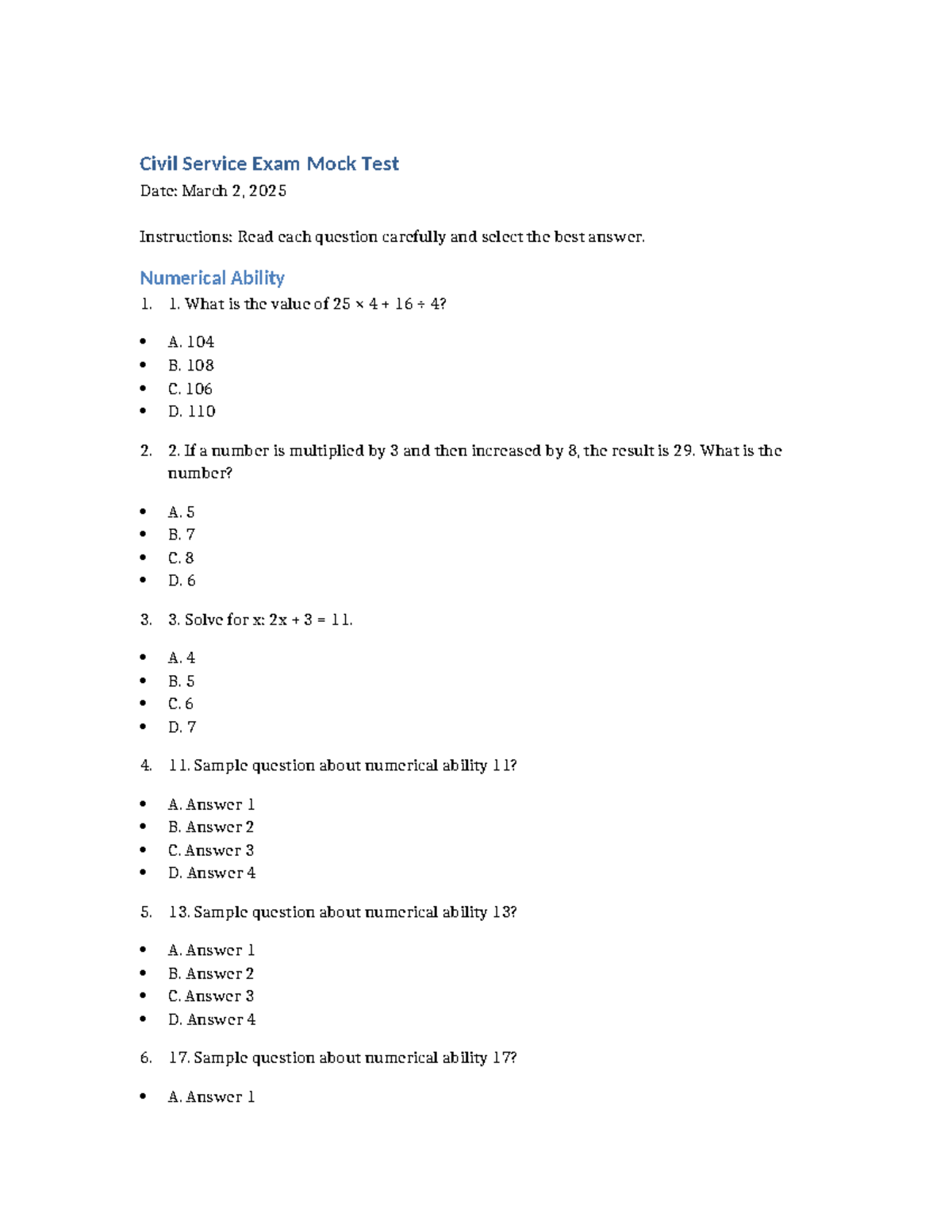 Civil Service Exam Mock Test: Final Assessment Guide - Studocu