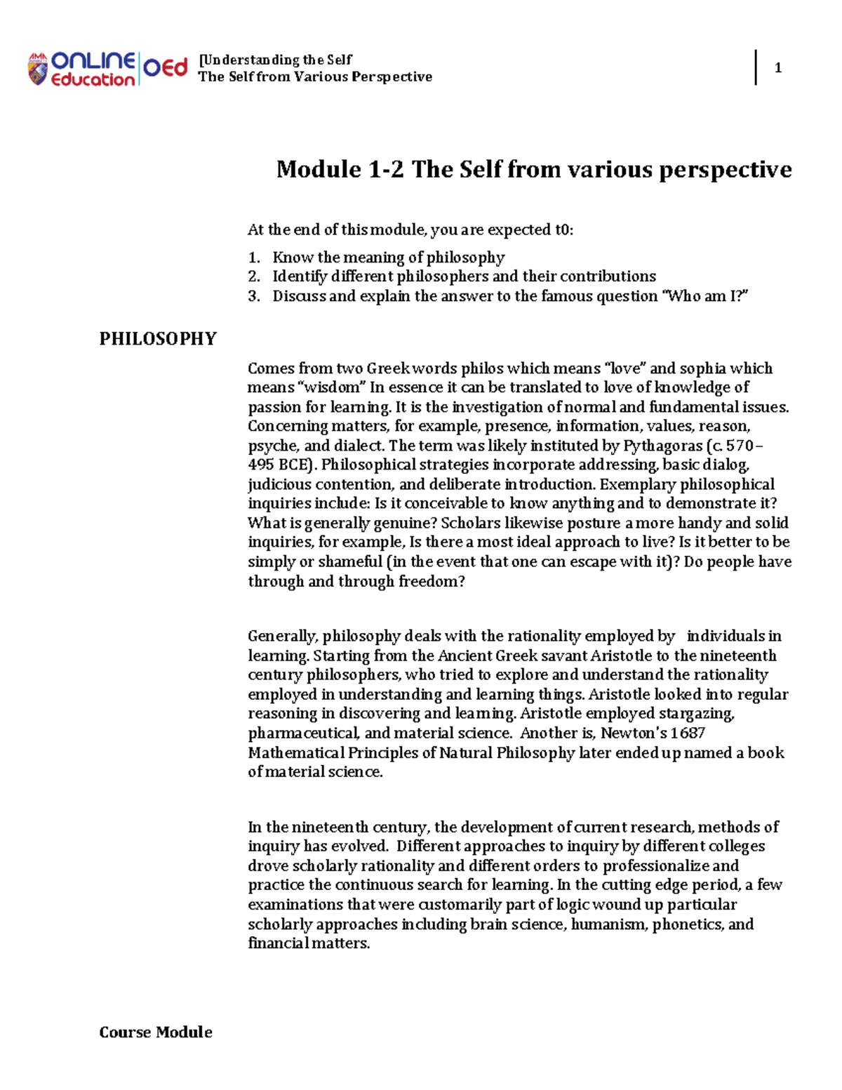 Understanding the Self: Philosophy and Sociology Concepts (Modules 1-3 ...