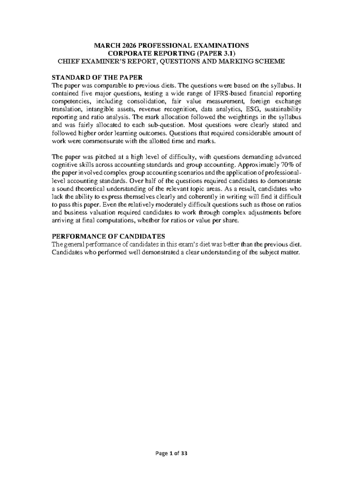 Corporate Reporting Paper 3.1: March 2026 Exam Questions & Marking ...