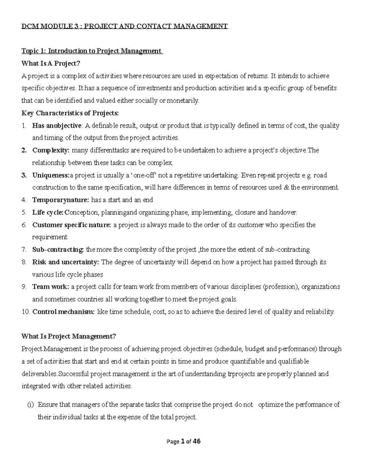 DCM 3: Project & Contract Management Study Notes for Midterm Exam - Studocu