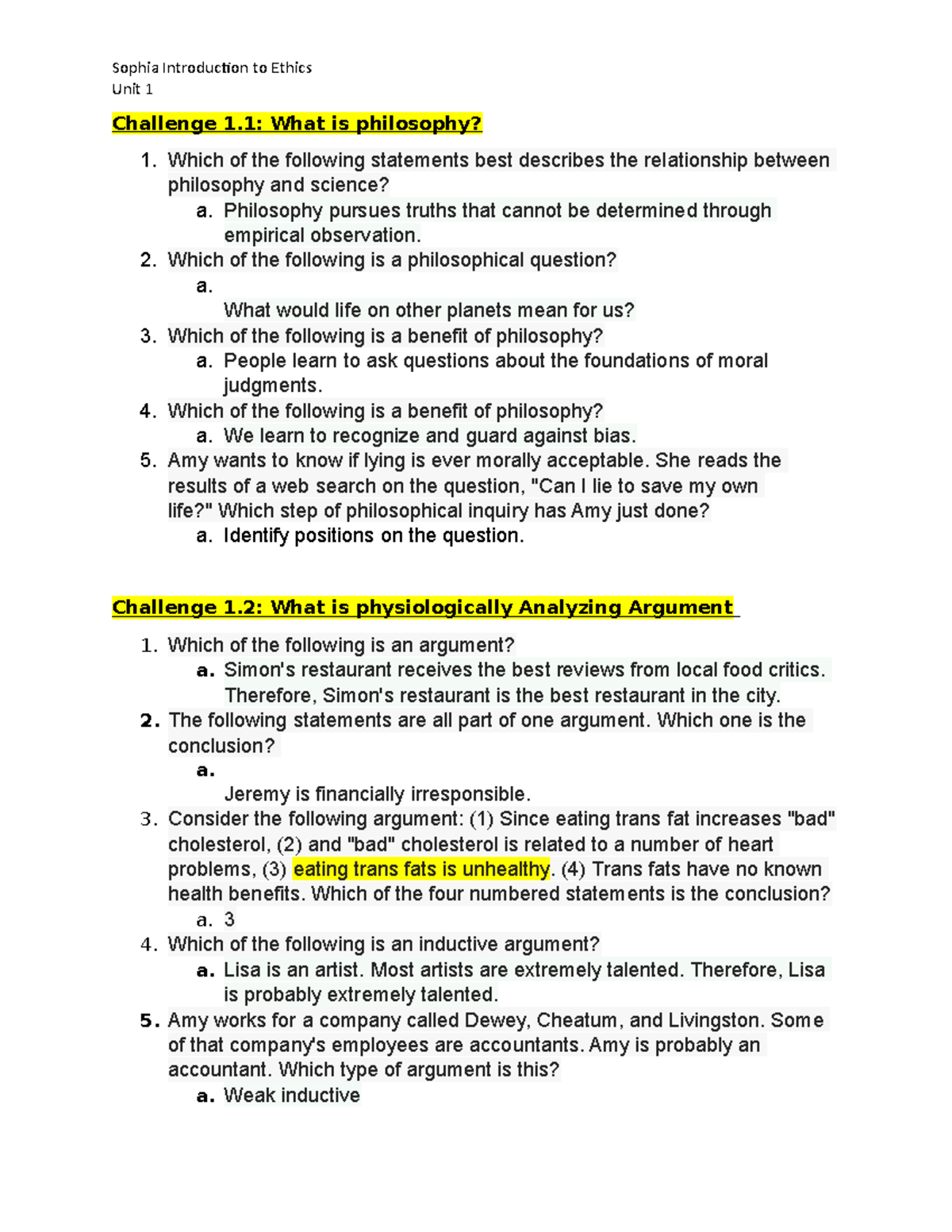 Sophia Intro to Ethics Unit 1 Challenge Overview and Questions - Studocu