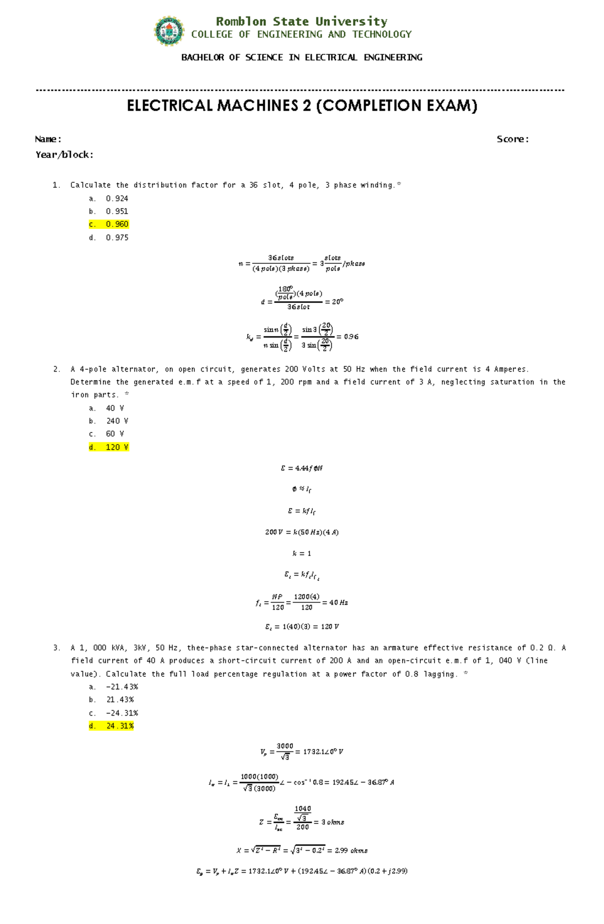 Electrical Machines 2 (Completion Exam 2) - Problem Solving Guide - Studocu