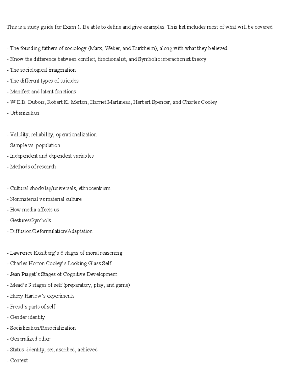 Study Guide for SOC 101 Exam 1: Key Concepts & Theories - Studocu