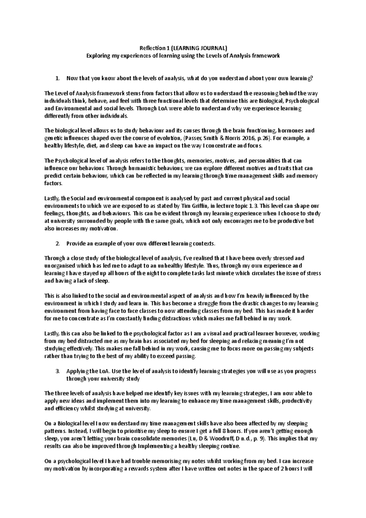 Reflection 1: Insights on Learning Through Levels of Analysis - Studocu